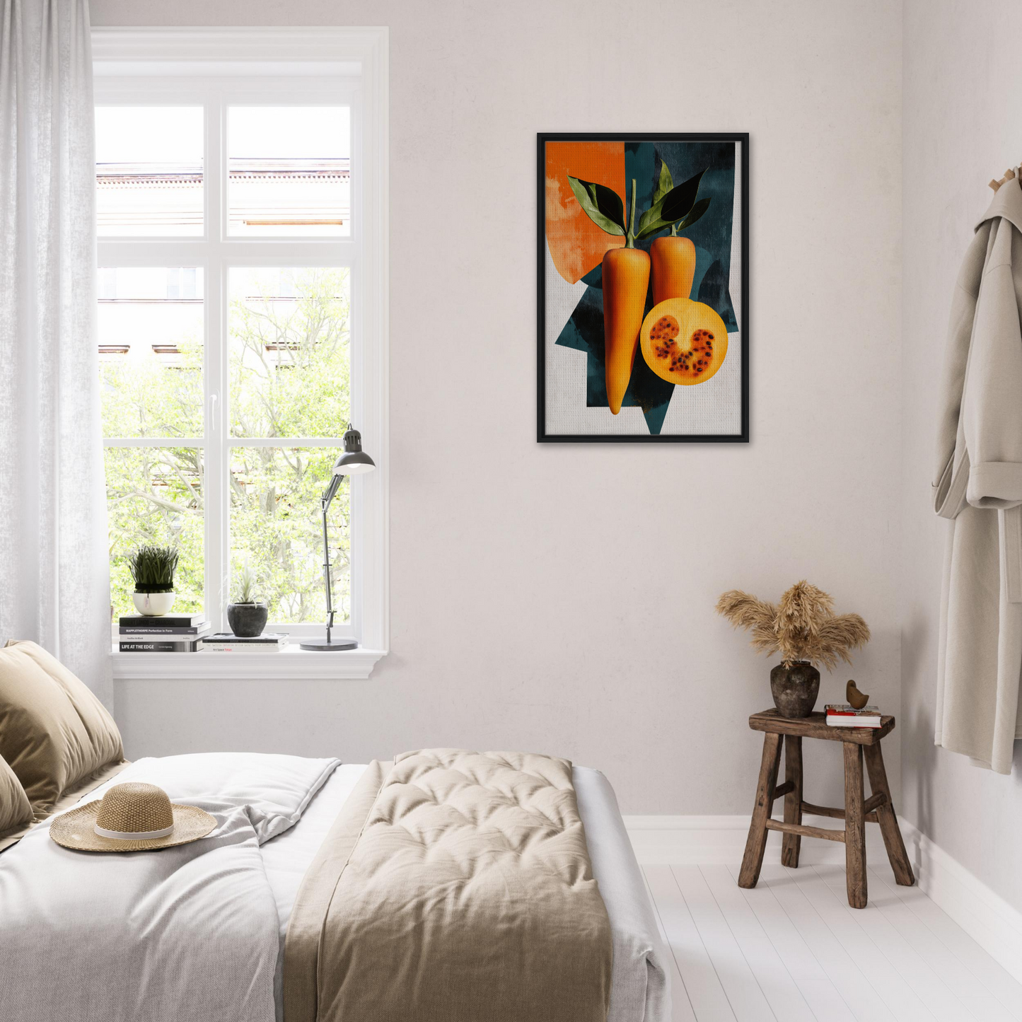 Bright modern bedroom featuring white decor and vibrant artwork, showcasing Orange Reality Fusion