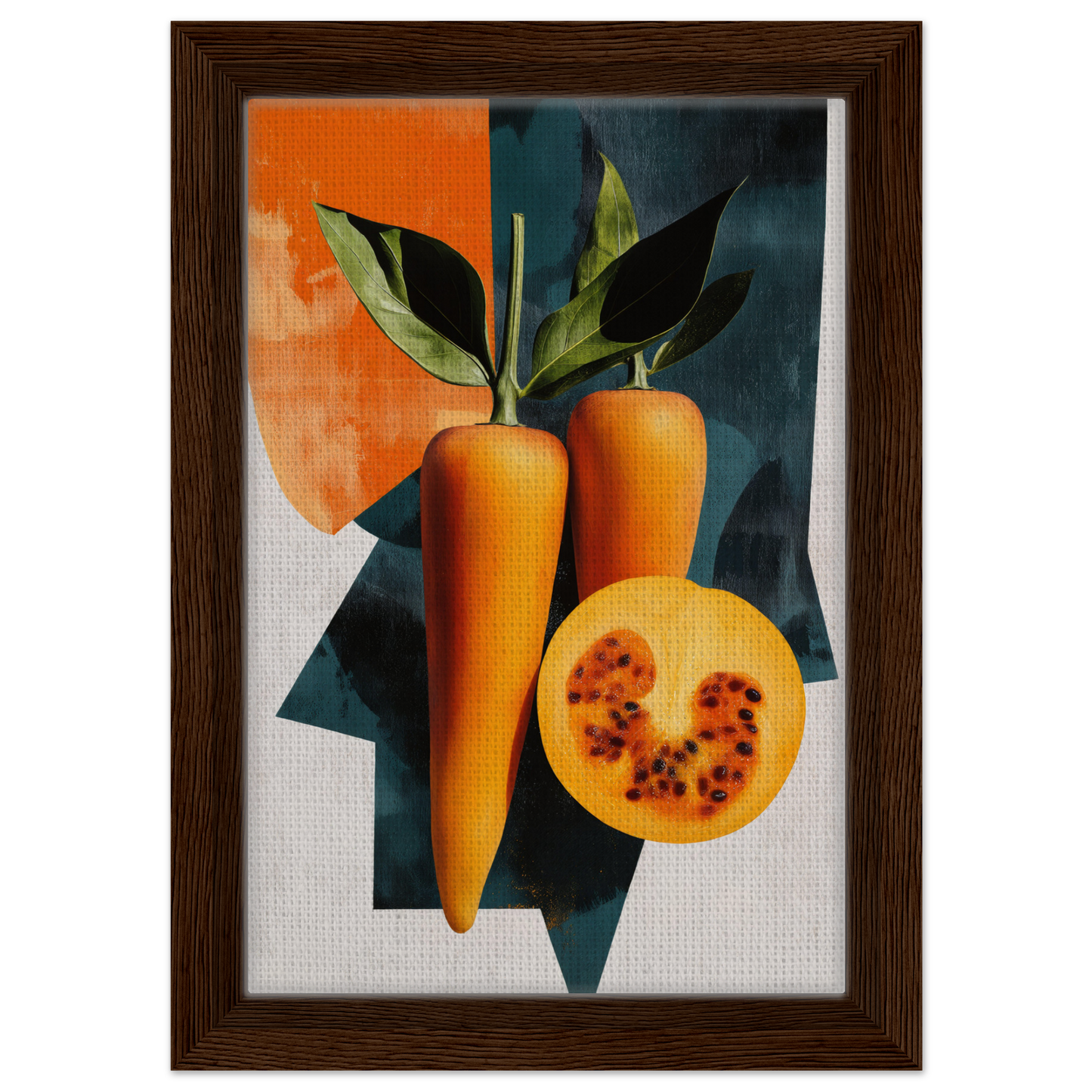 Framed canvas print of orange bell peppers and halved papaya in Orange Reality Fusion design