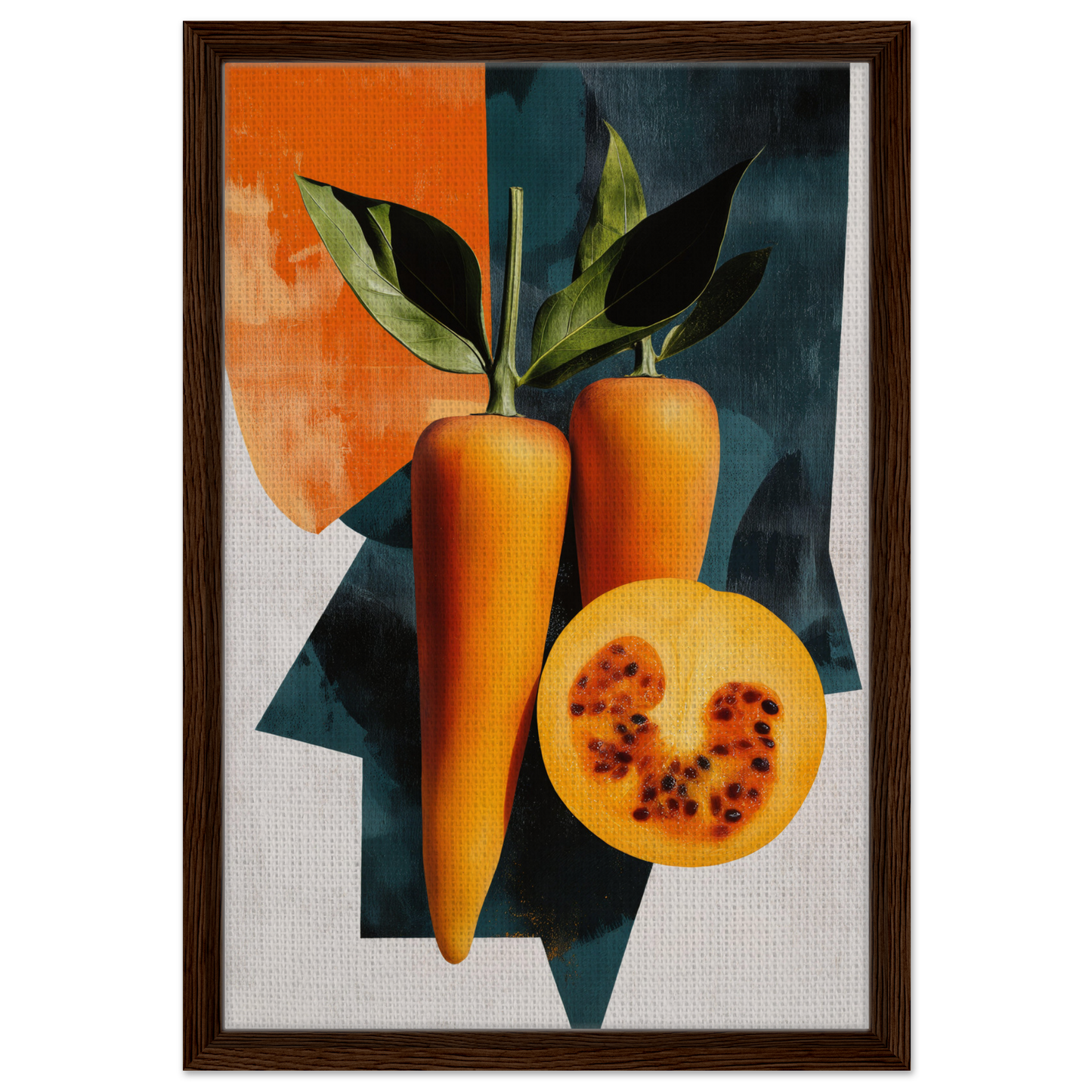 Framed artwork of vibrant carrots and passion fruit in Orange Reality Fusion room decor