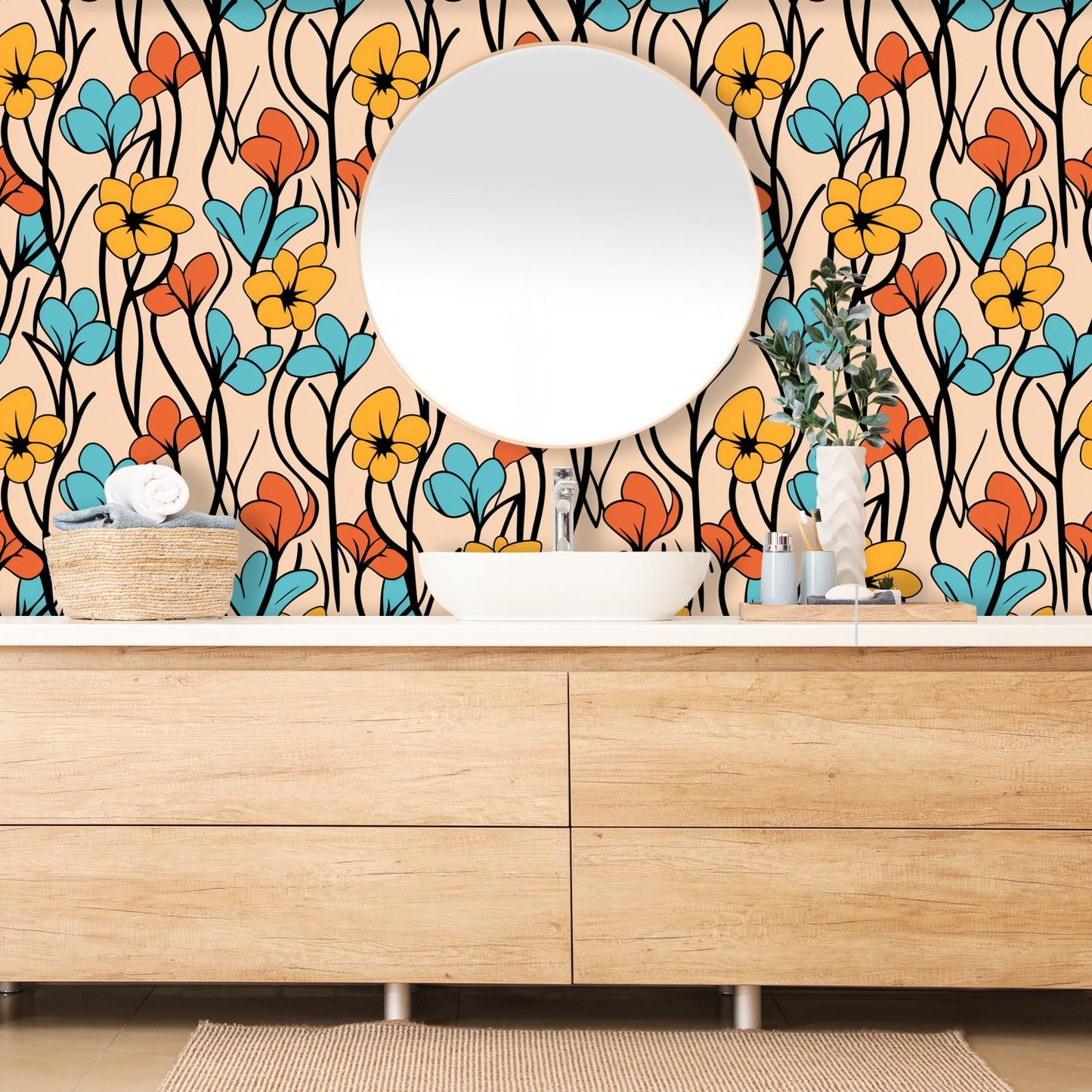 Wooden dresser with a circular mirror above it.