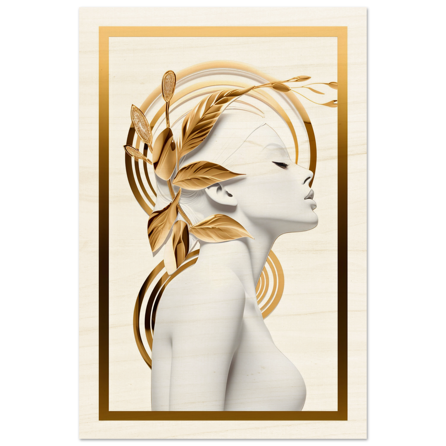 Stylized profile portrait of a woman with golden leaves and abstract elements adorning her hair and face.