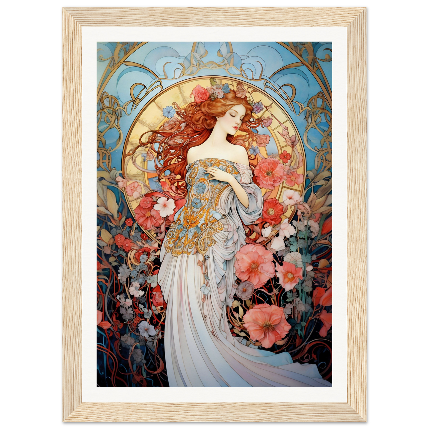 Art Nouveau-style painting of a woman surrounded by flowers and ornate decorative elements.