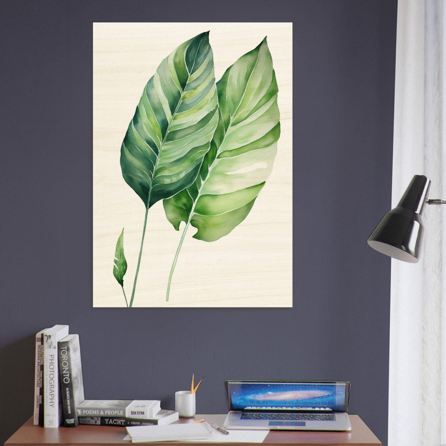 A painting of a banana leaf on a wall
