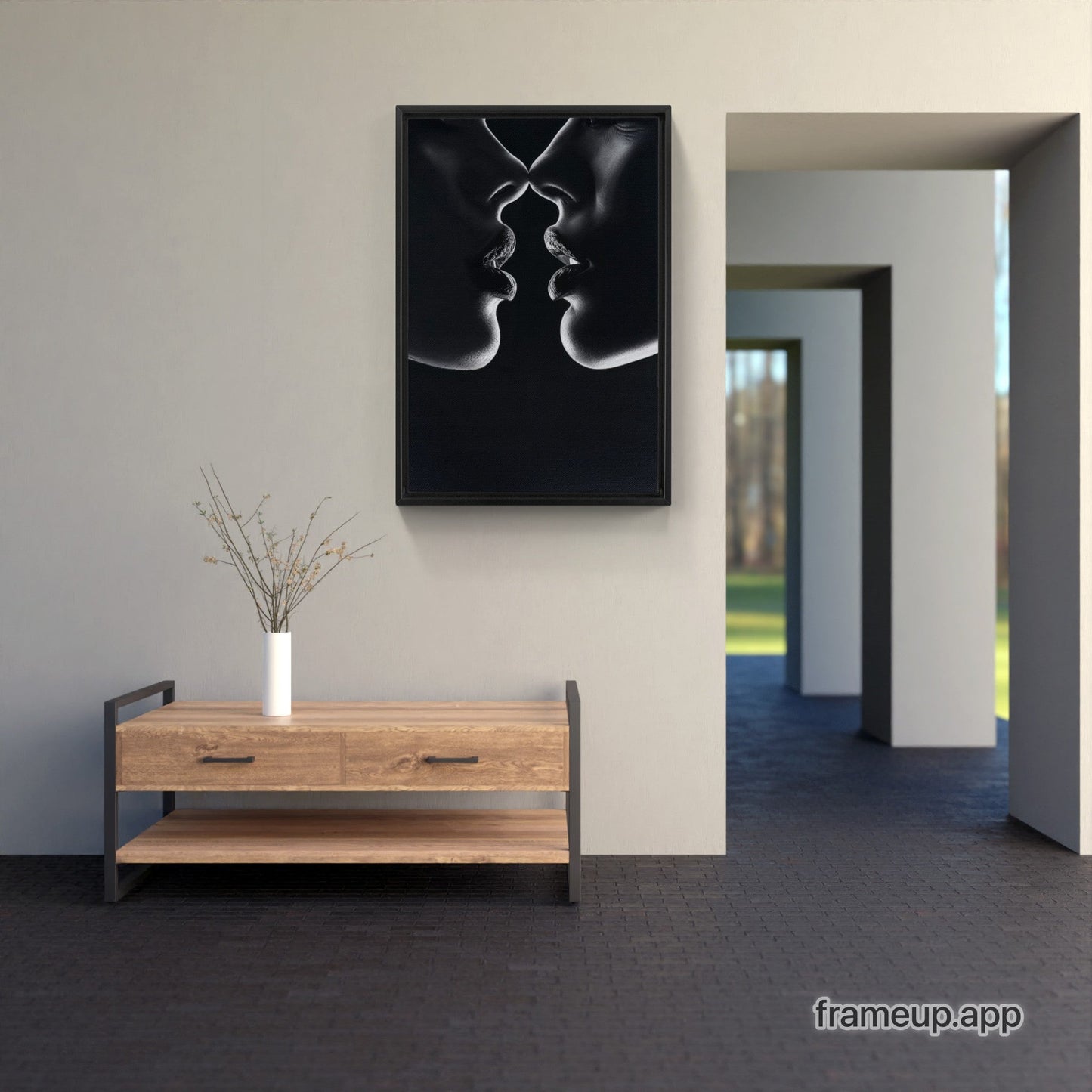 A painting of a couple kissing in a room
