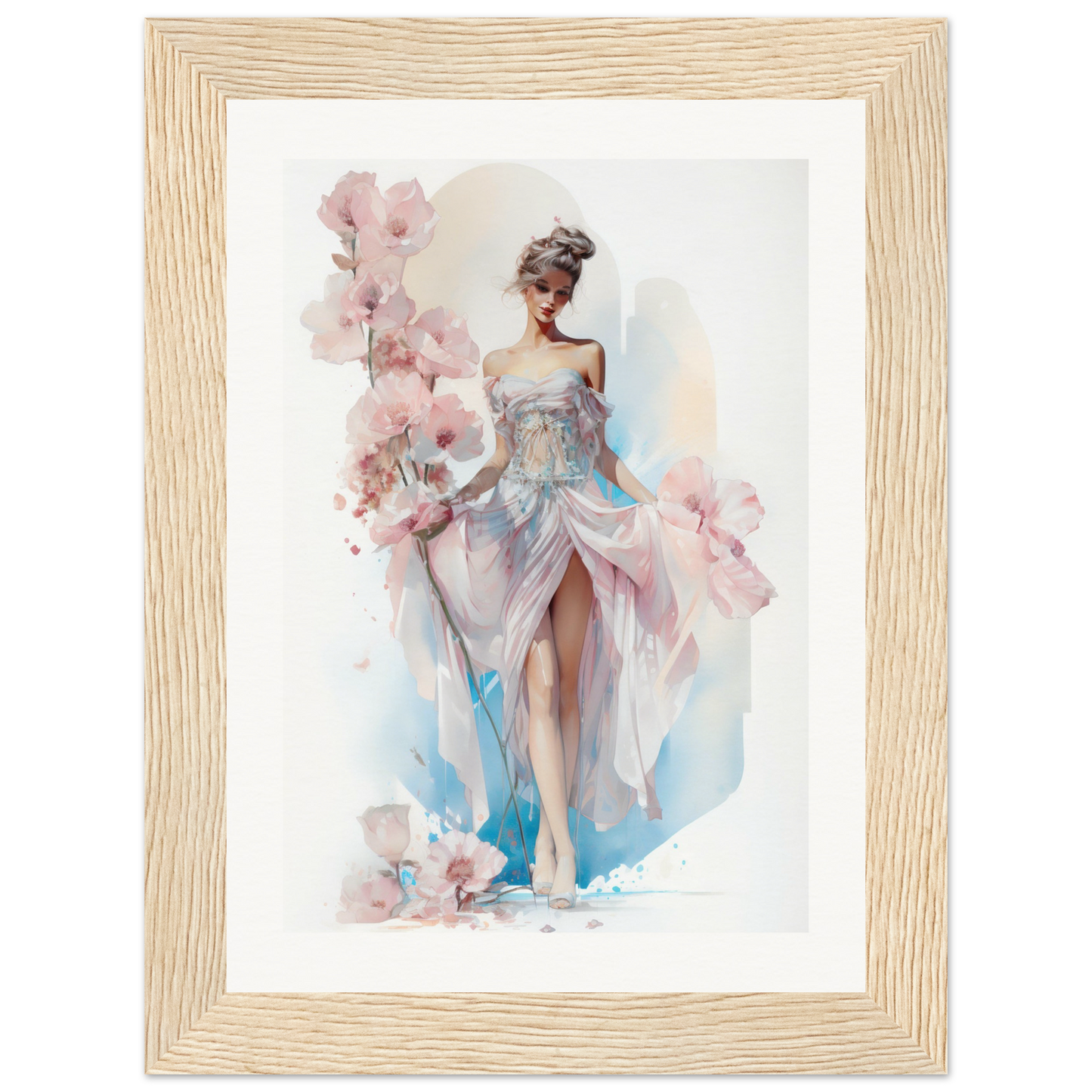 Framed watercolor painting of an elegant woman in a flowing dress surrounded by delicate flowers.