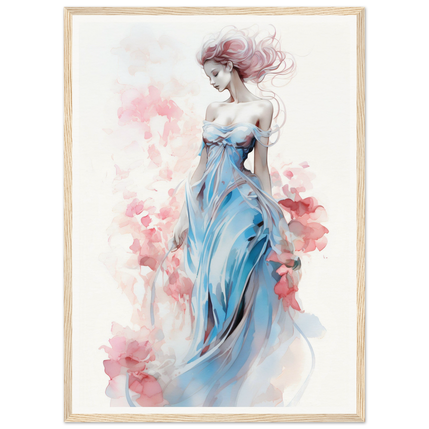 Ethereal woman in a flowing blue gown with windswept pink hair.