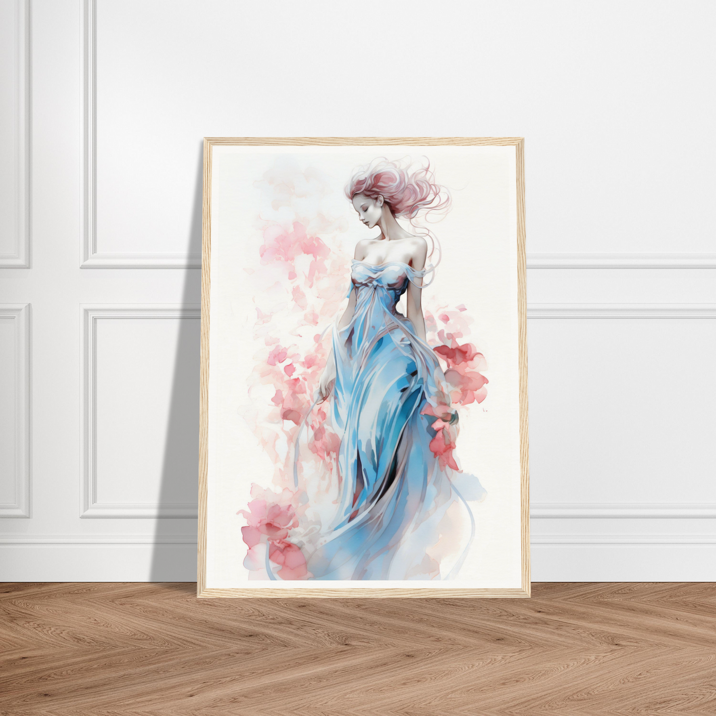 Framed watercolor painting of a woman in a flowing blue dress surrounded by pink floral elements.