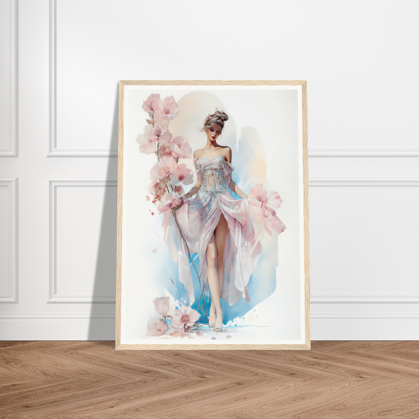 Framed watercolor painting of an elegant woman in a flowing dress with floral elements.