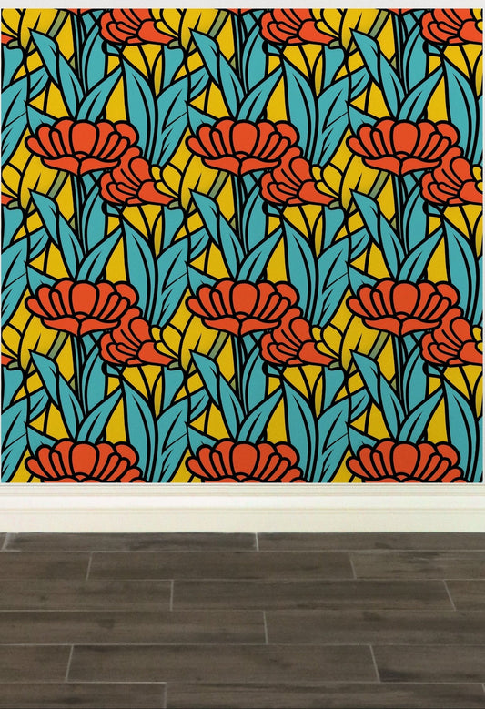 Vibrant floral wallpaper featuring stylized red poppies and yellow tulips against a teal background.