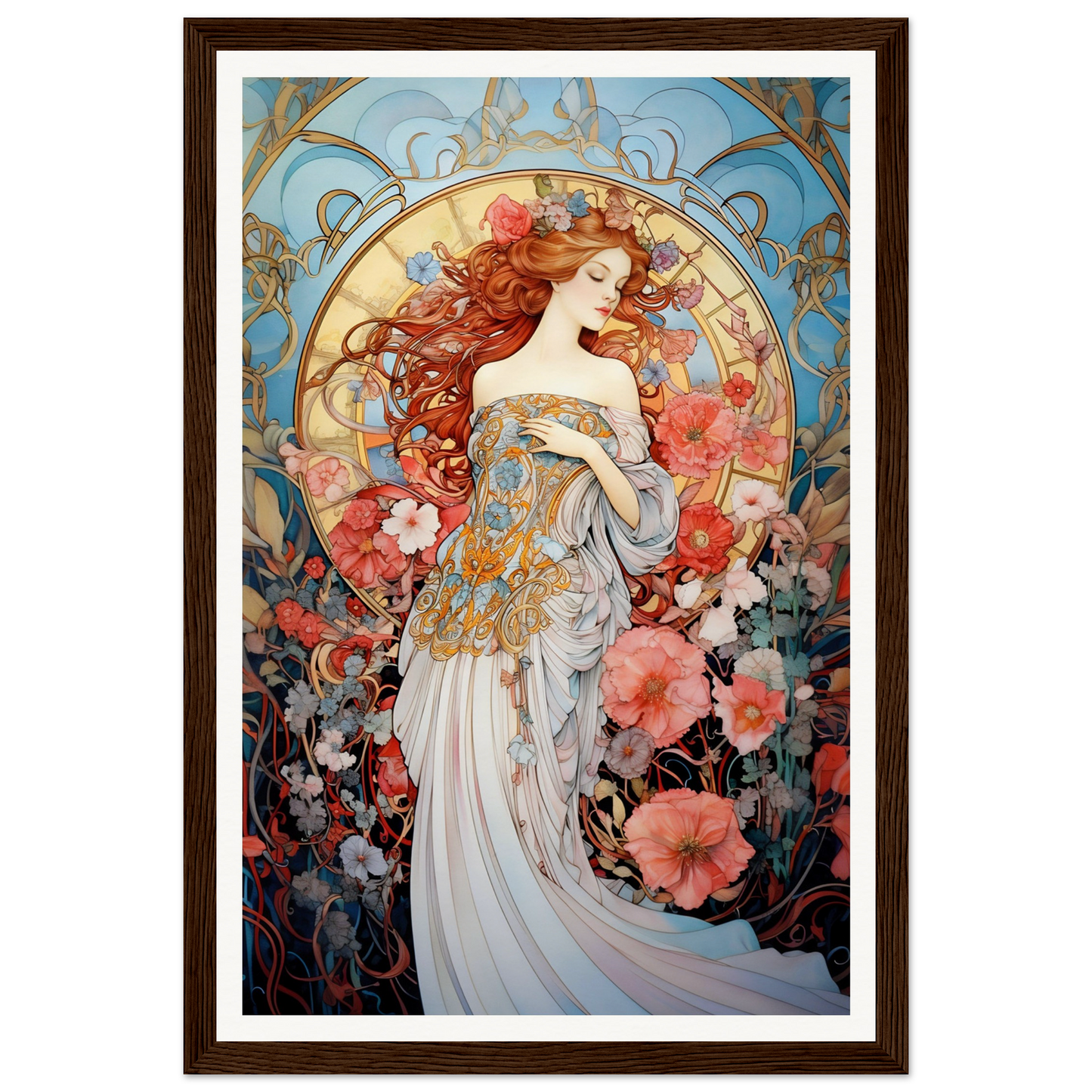 Art Nouveau-style painting of a woman with flowing red hair surrounded by floral motifs.