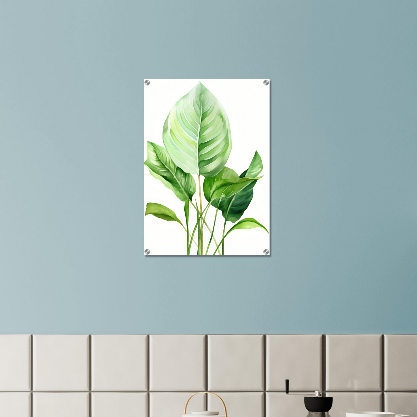 A painting of a green leaf on a wall