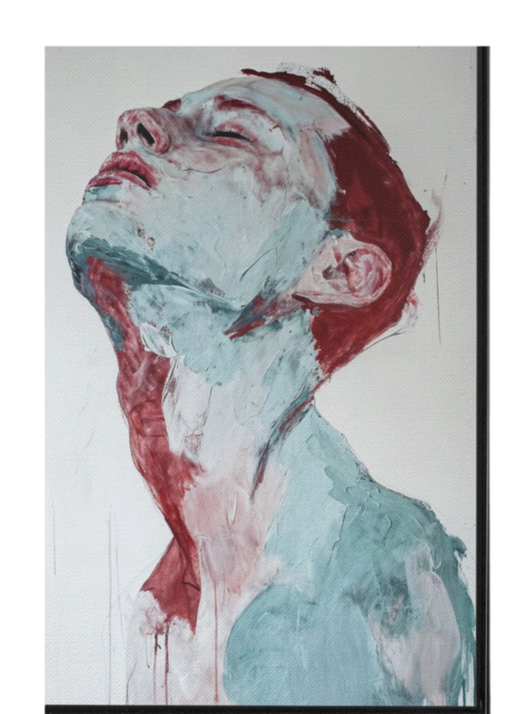 A painting of a man’s face with red hair