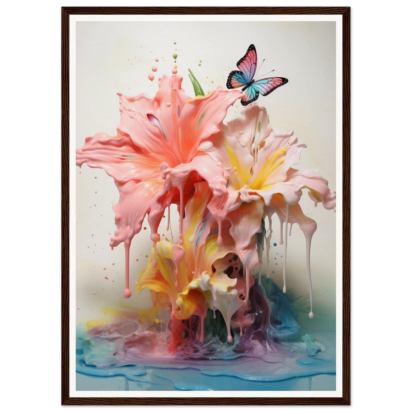 A painting of pink flowers and a butterfly