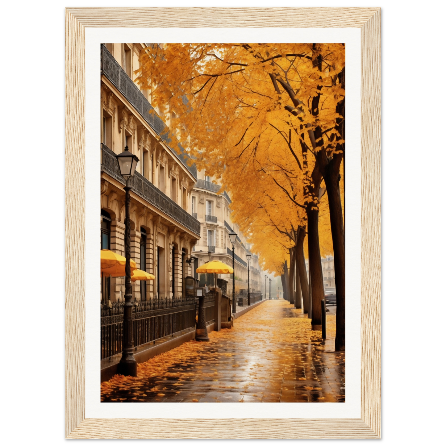 A painting of a street with yellow trees