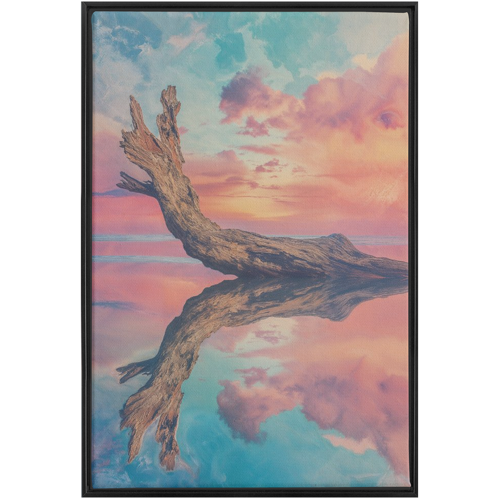 A painting of a tree trunk in the water
