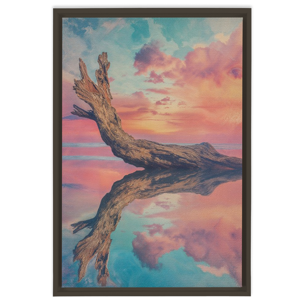 A painting of a tree trunk in the water with a sunset in the background