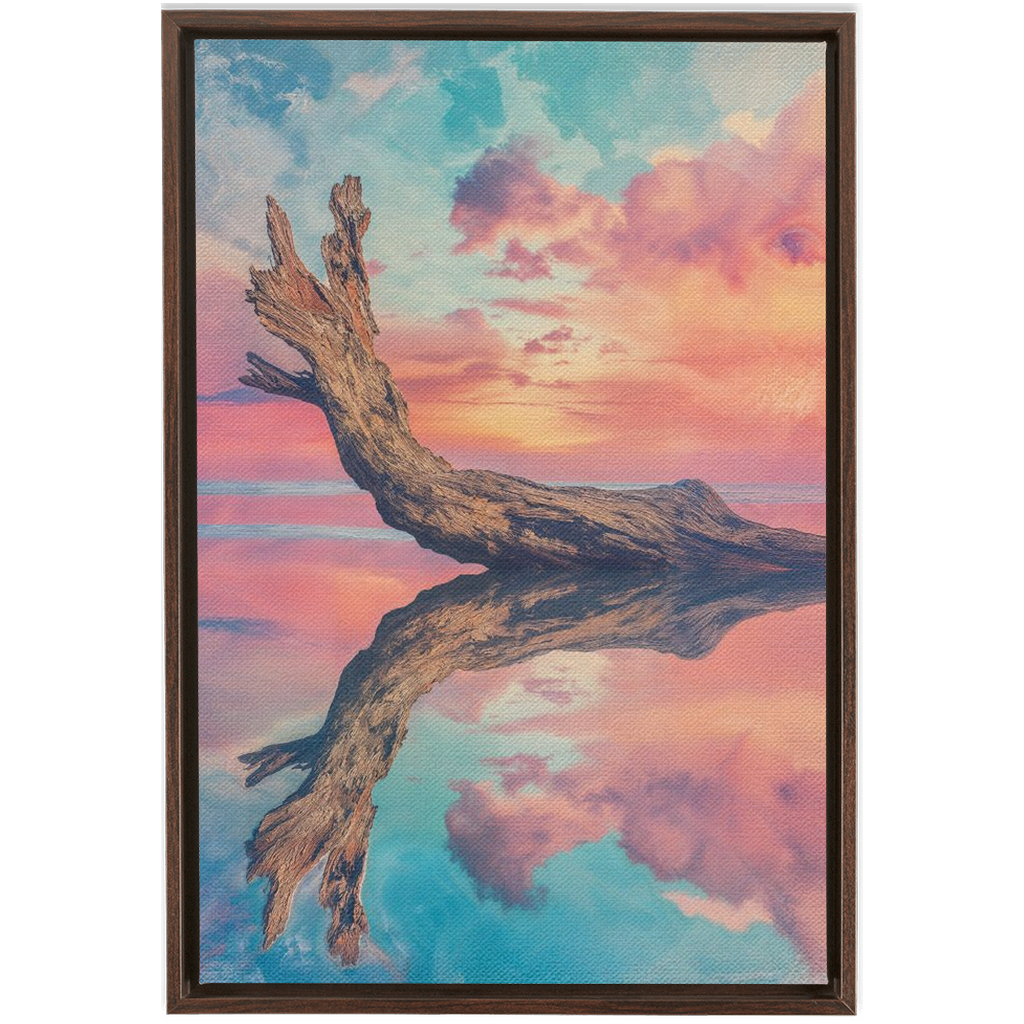 A painting of a tree trunk in the water