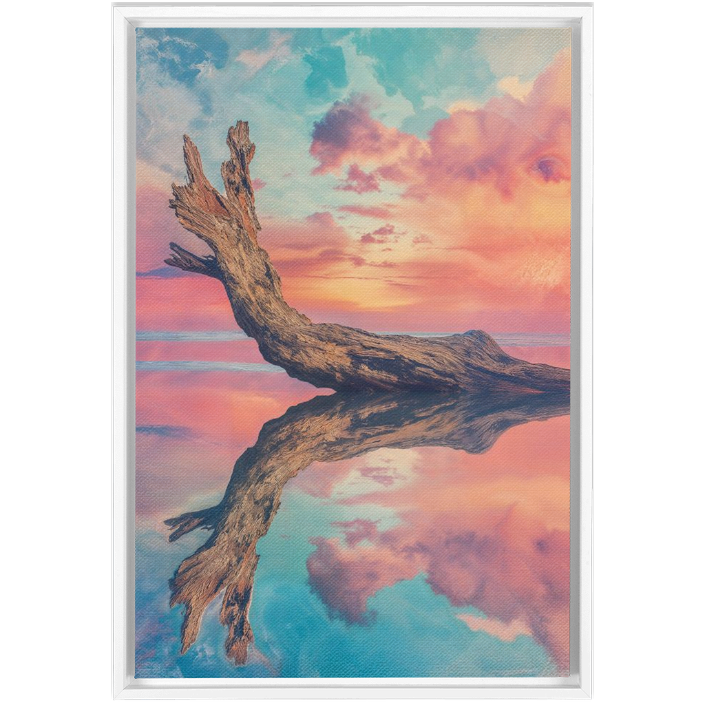 A painting of a tree trunk in the water with a sunset in the background
