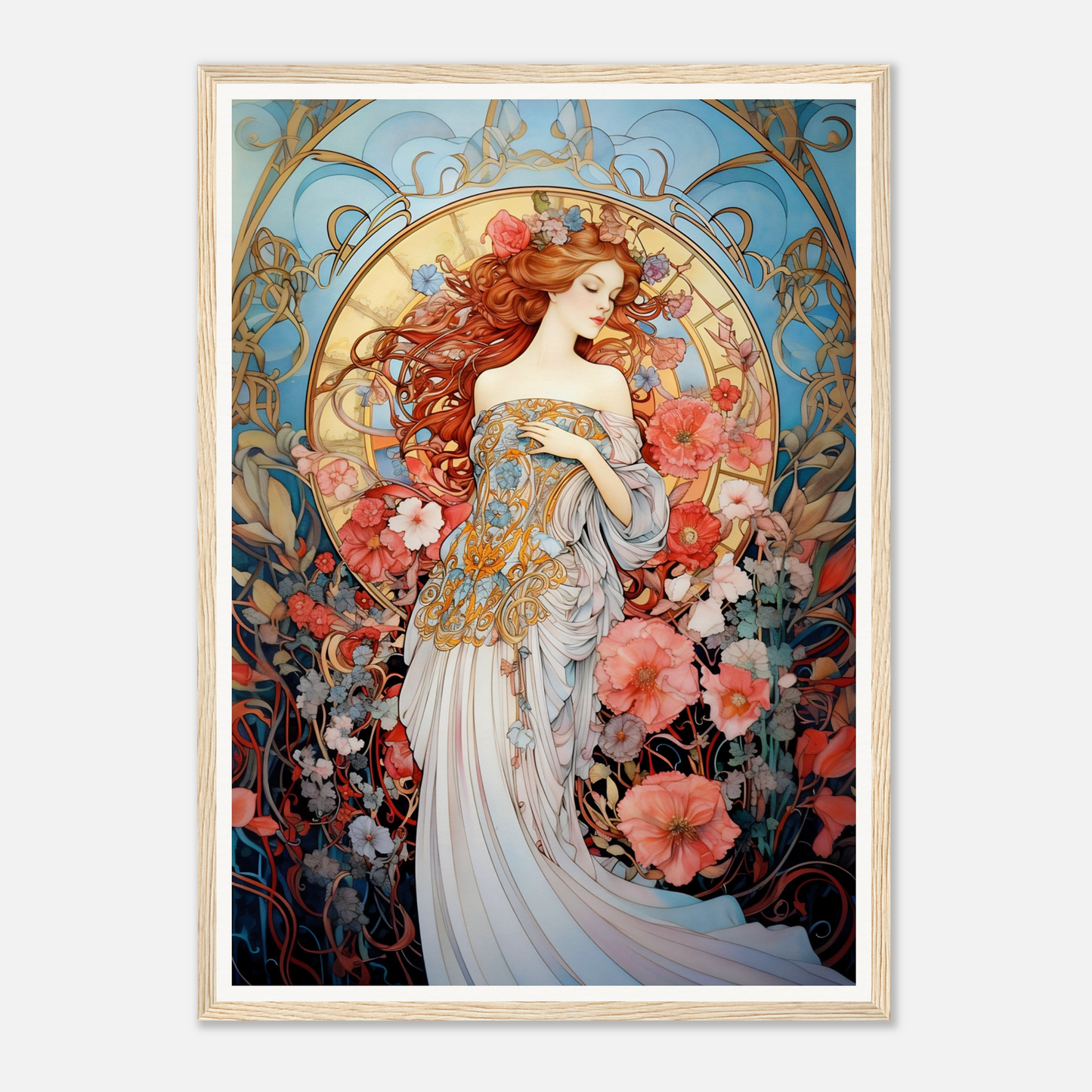 Art Nouveau-style painting of a woman surrounded by flowers and ornate decorative elements.