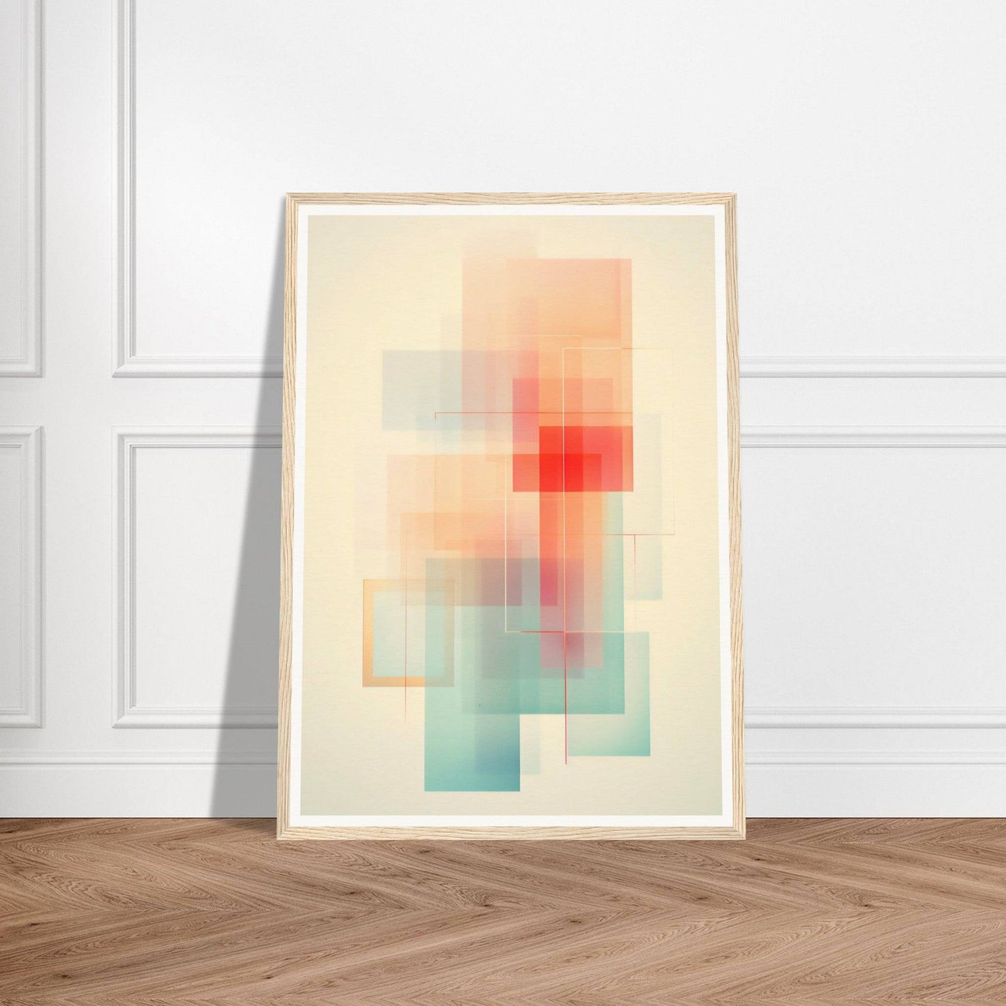 Abstract geometric artwork featuring overlapping translucent squares in soft pastel colors with a central red accent.