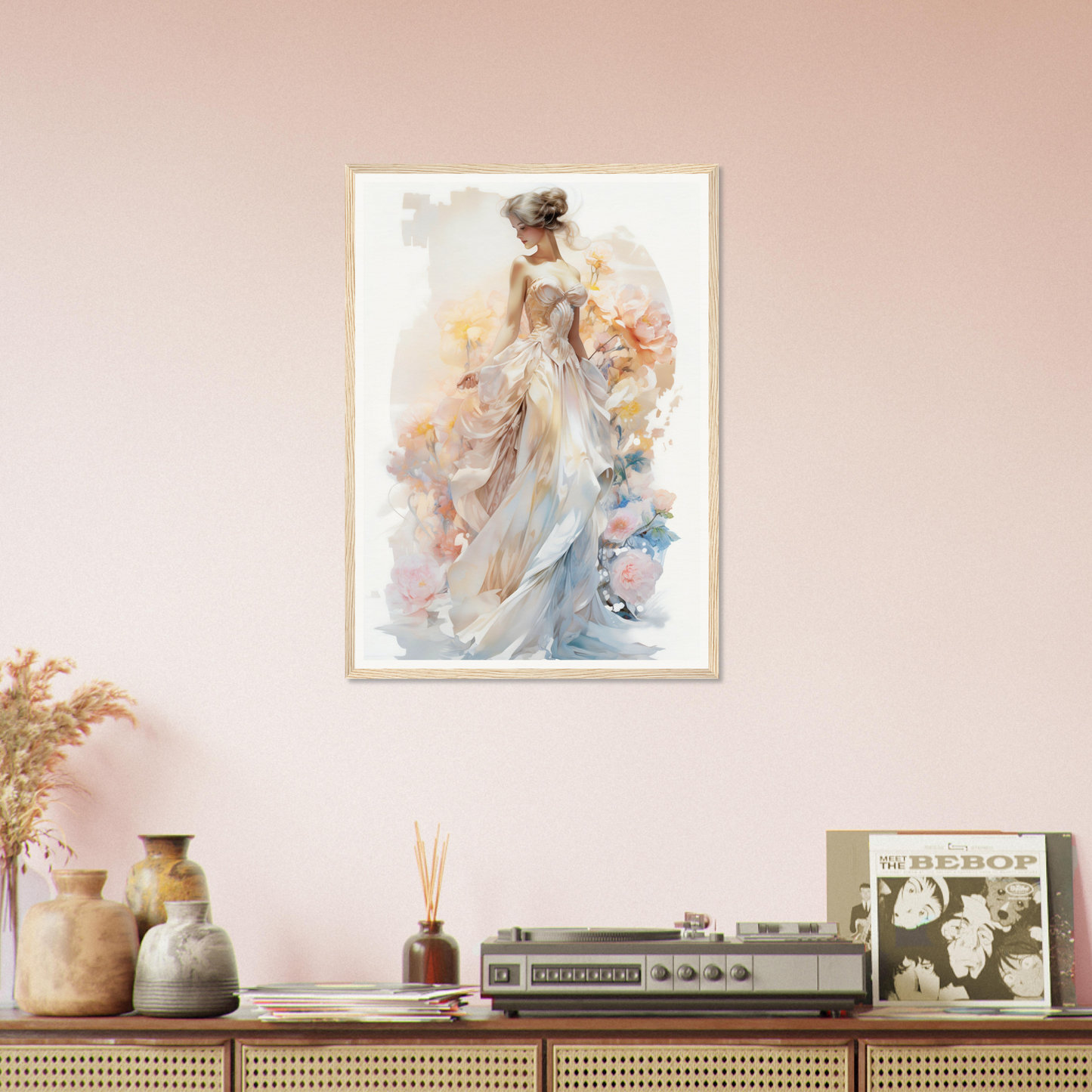 A painting on a wall above a dresser