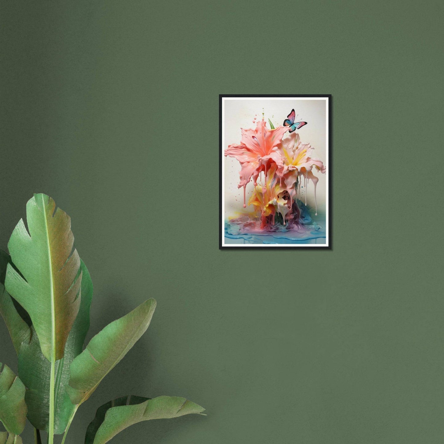 A painting on a wall next to a plant