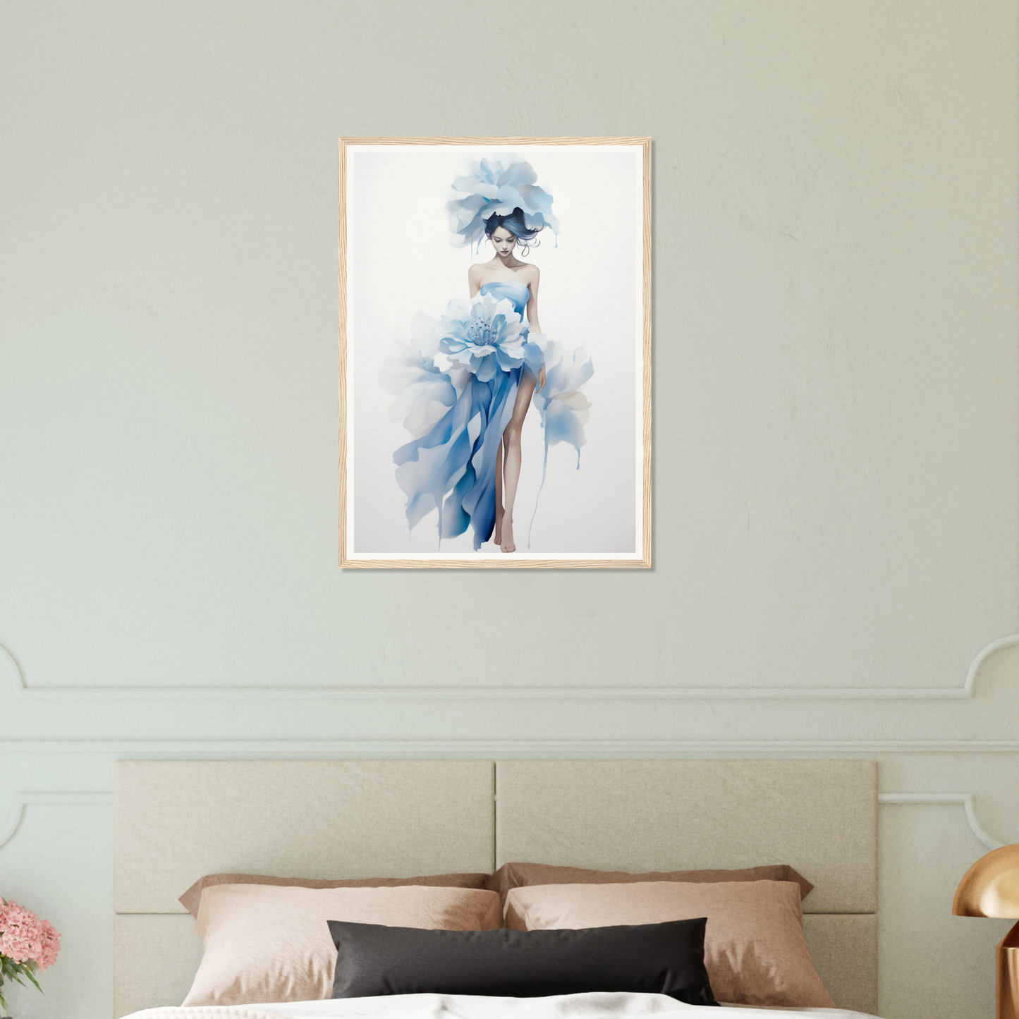 A painting of a woman in a blue dress on a wall above a bed