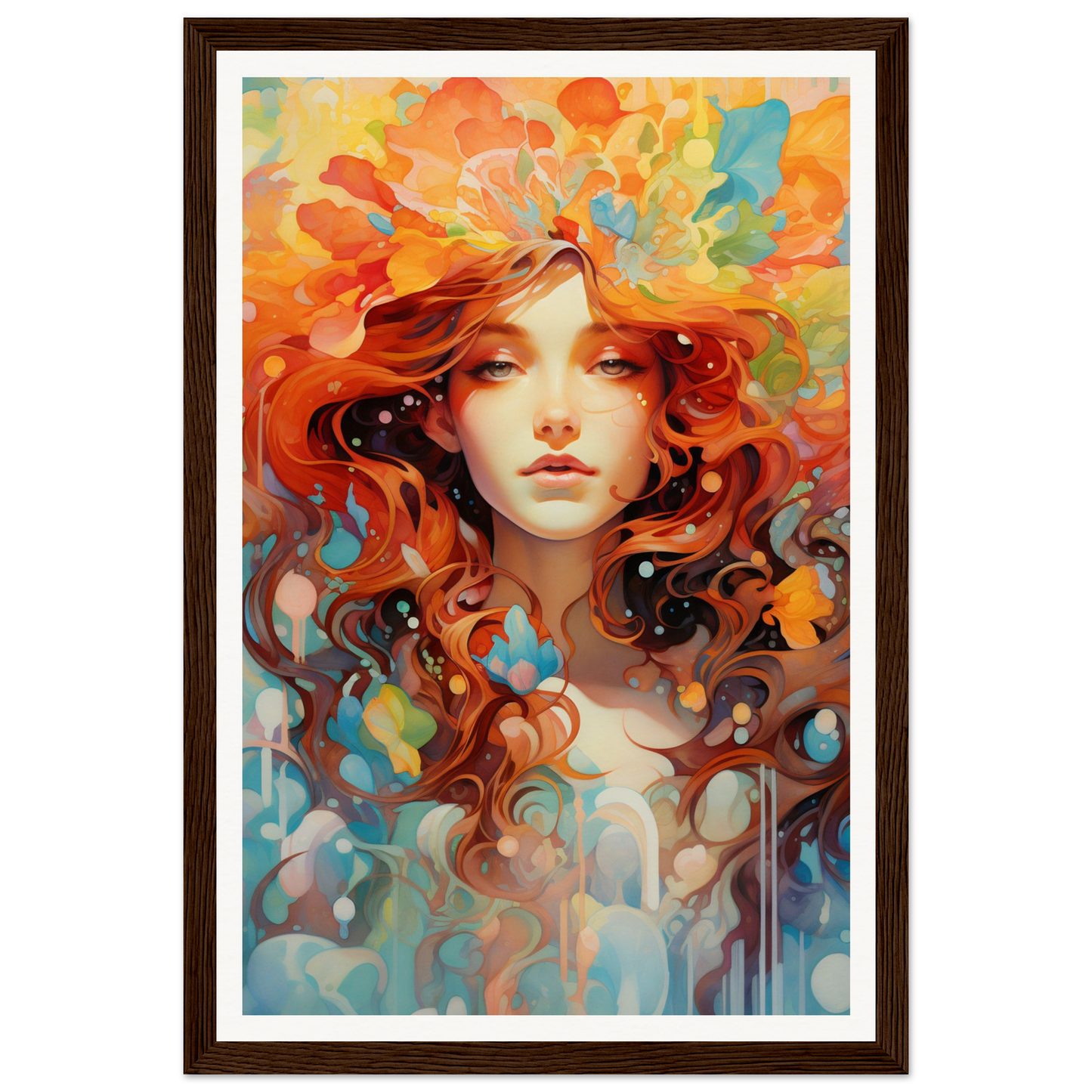 A painting of a woman with red hair and flowers