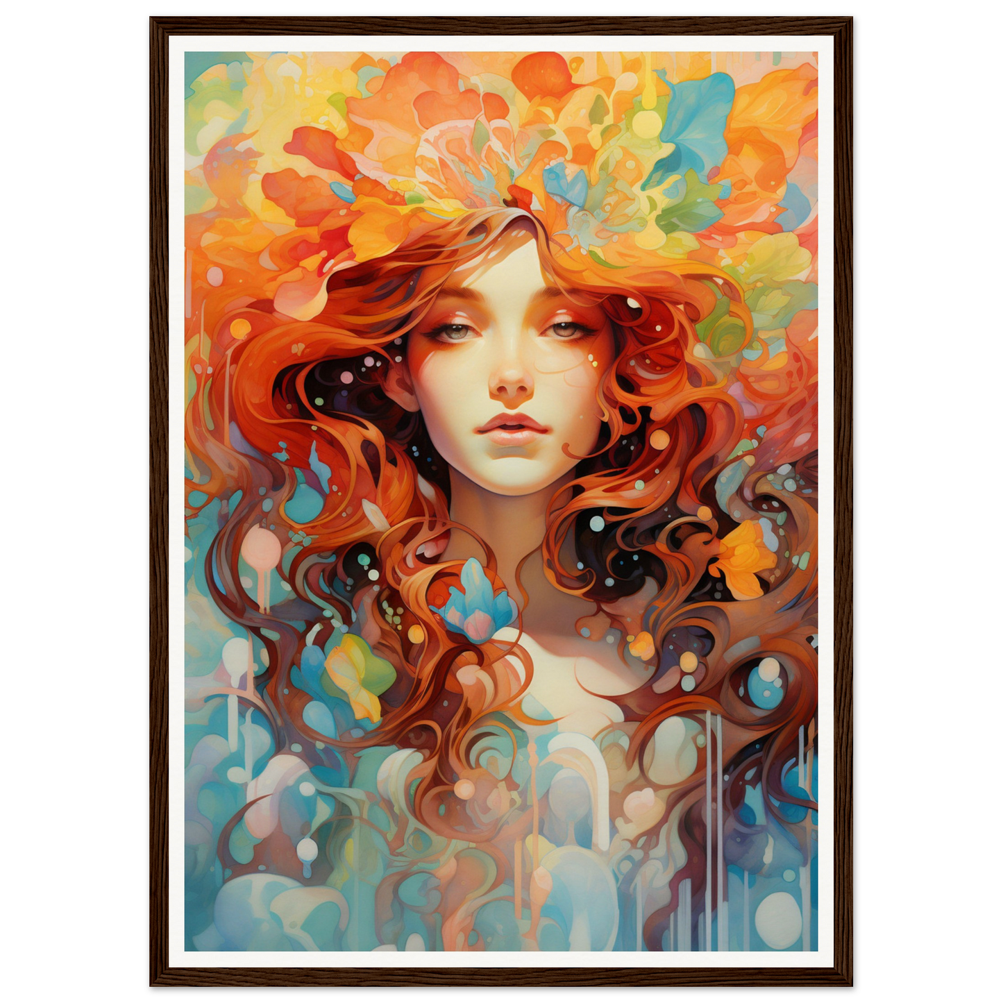 A painting of a woman with red hair and flowers