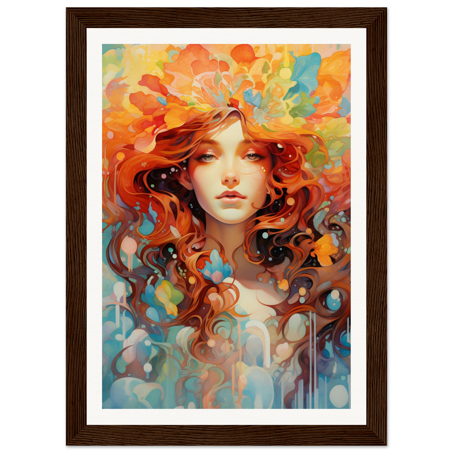 A painting of a woman with red hair and orange flowers