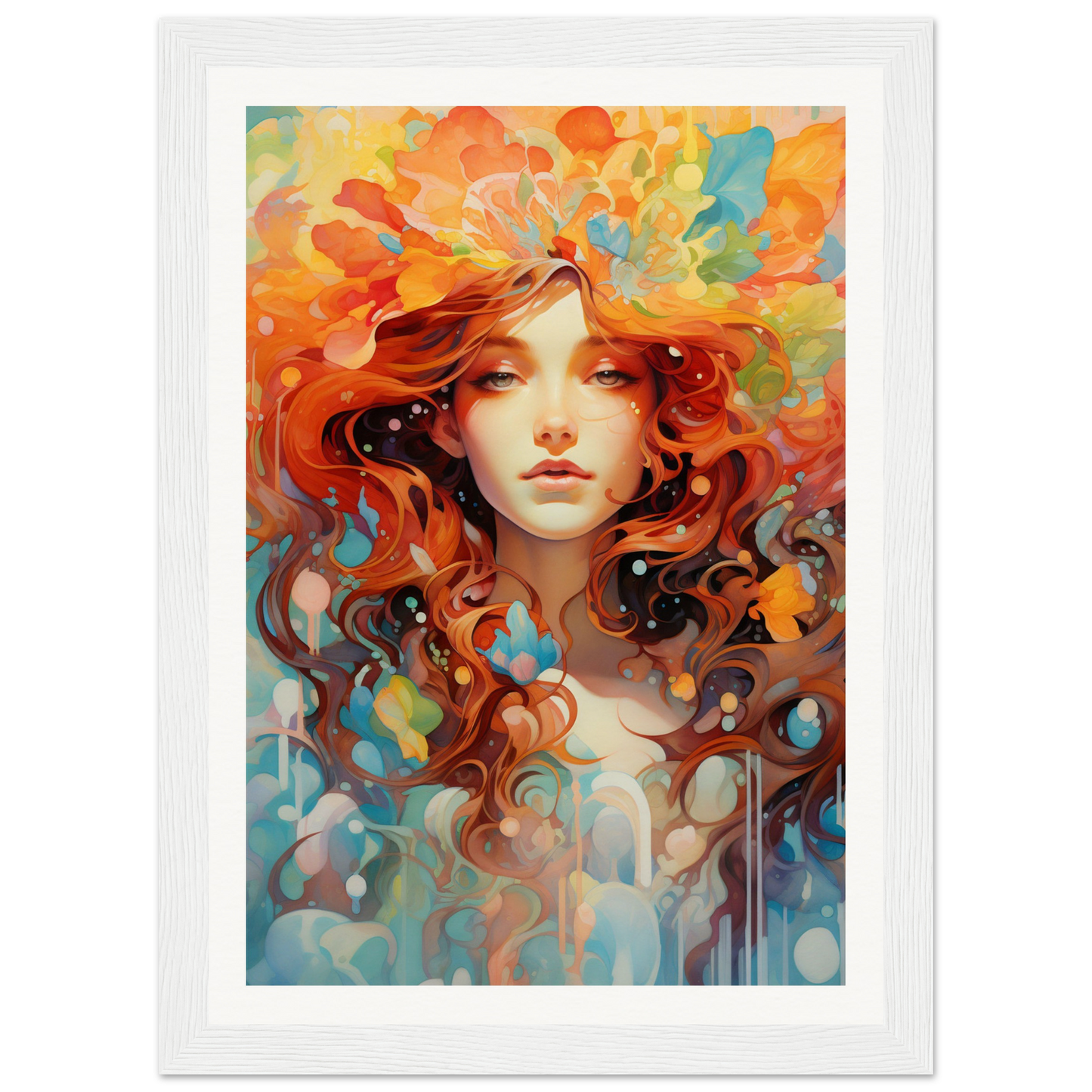A painting of a woman with red hair and orange flowers