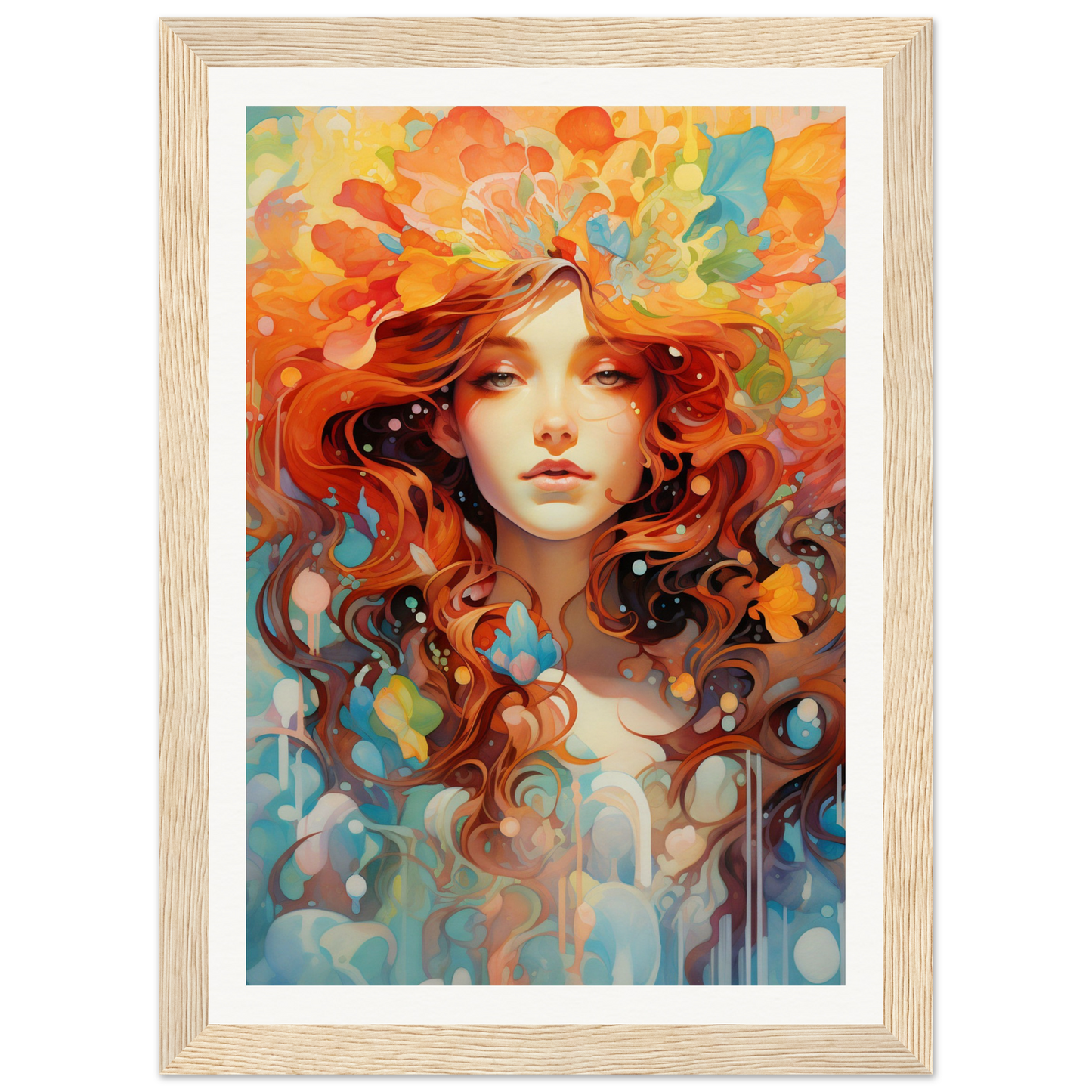 A painting of a woman with red hair and orange flowers