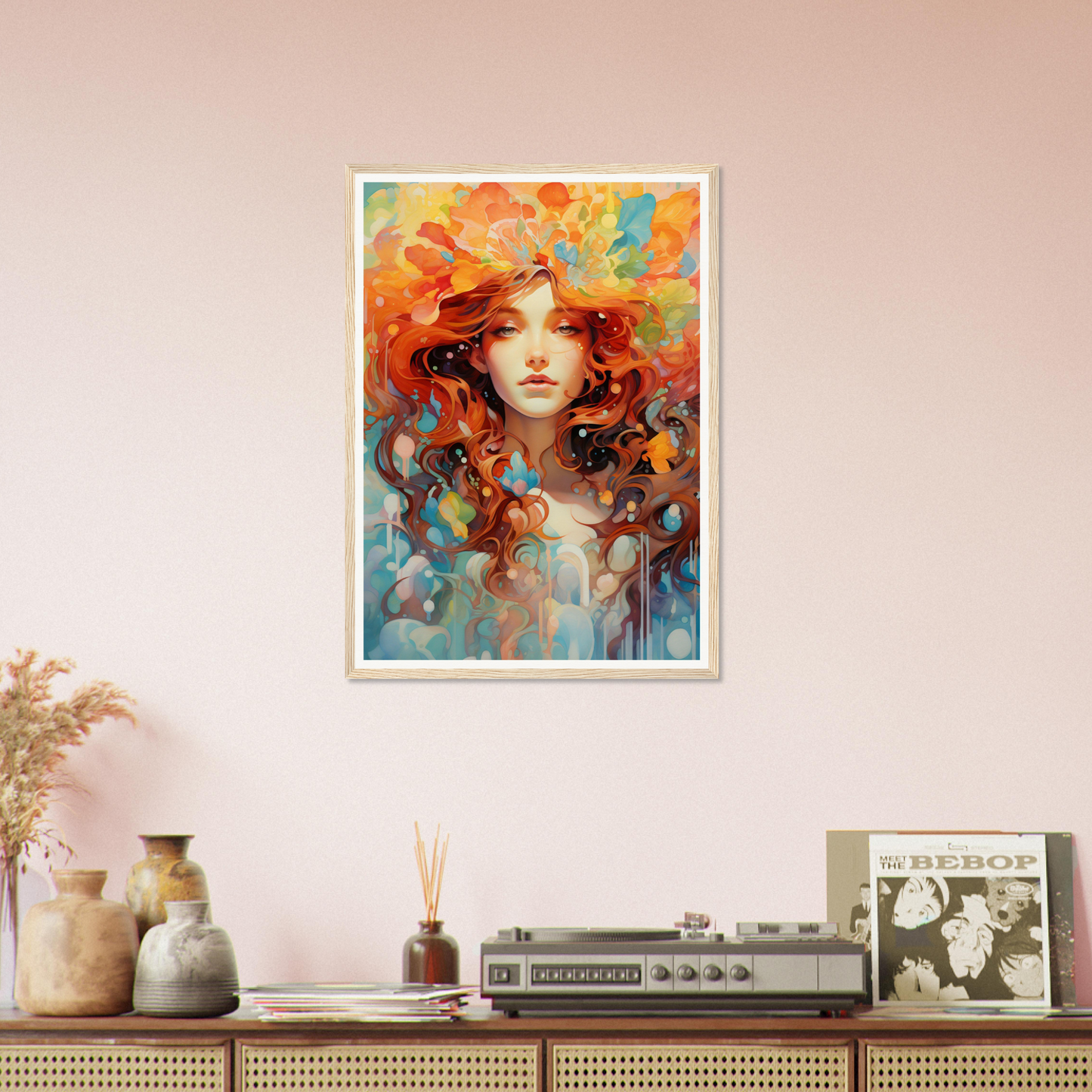 A painting of a woman with red hair and flowers on her head