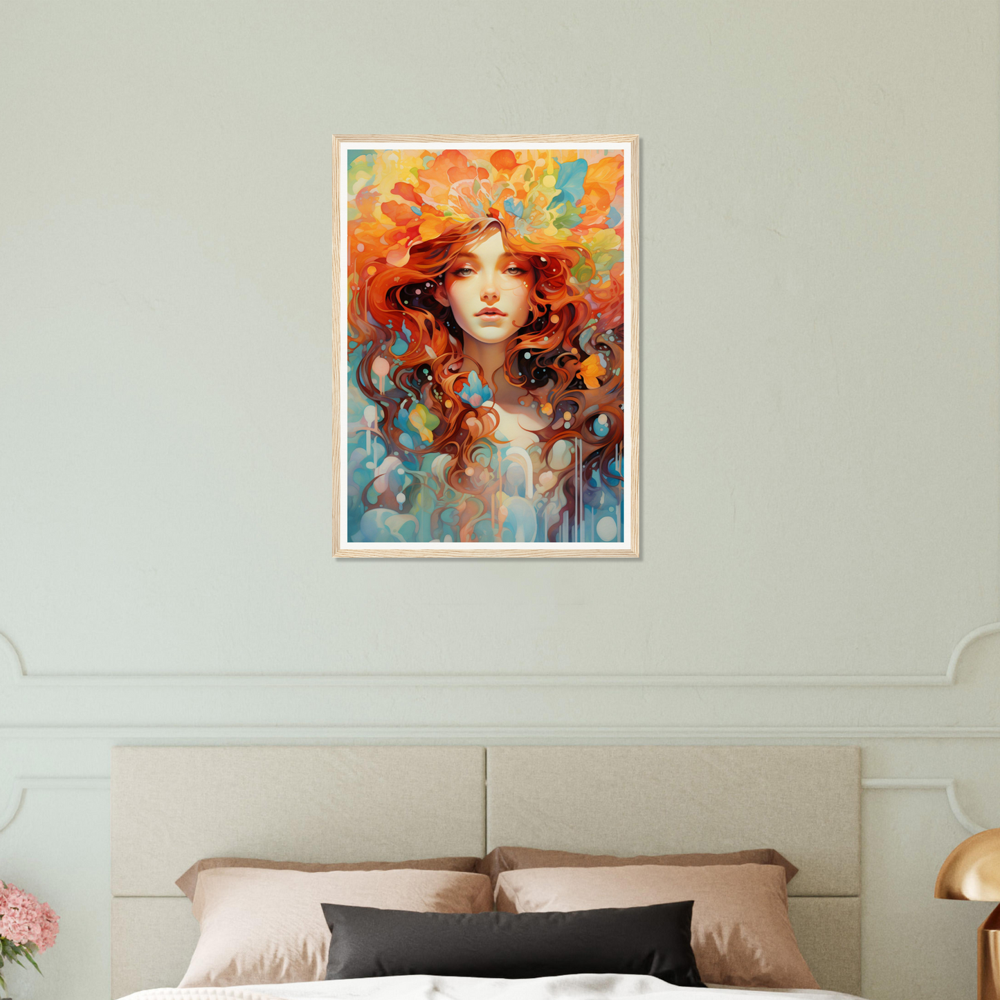 A painting of a woman with red hair and flowers on her head