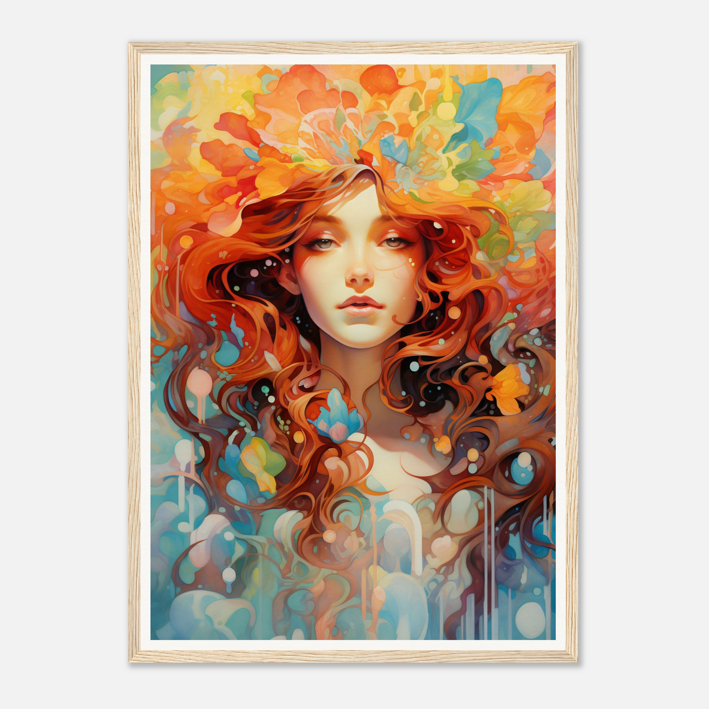 A painting of a woman with red hair and orange flowers
