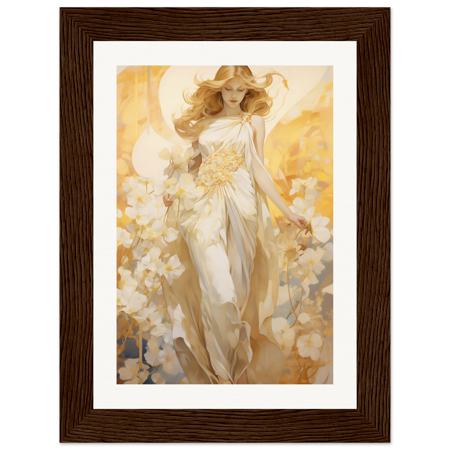 A painting of a woman in a white dress and hat