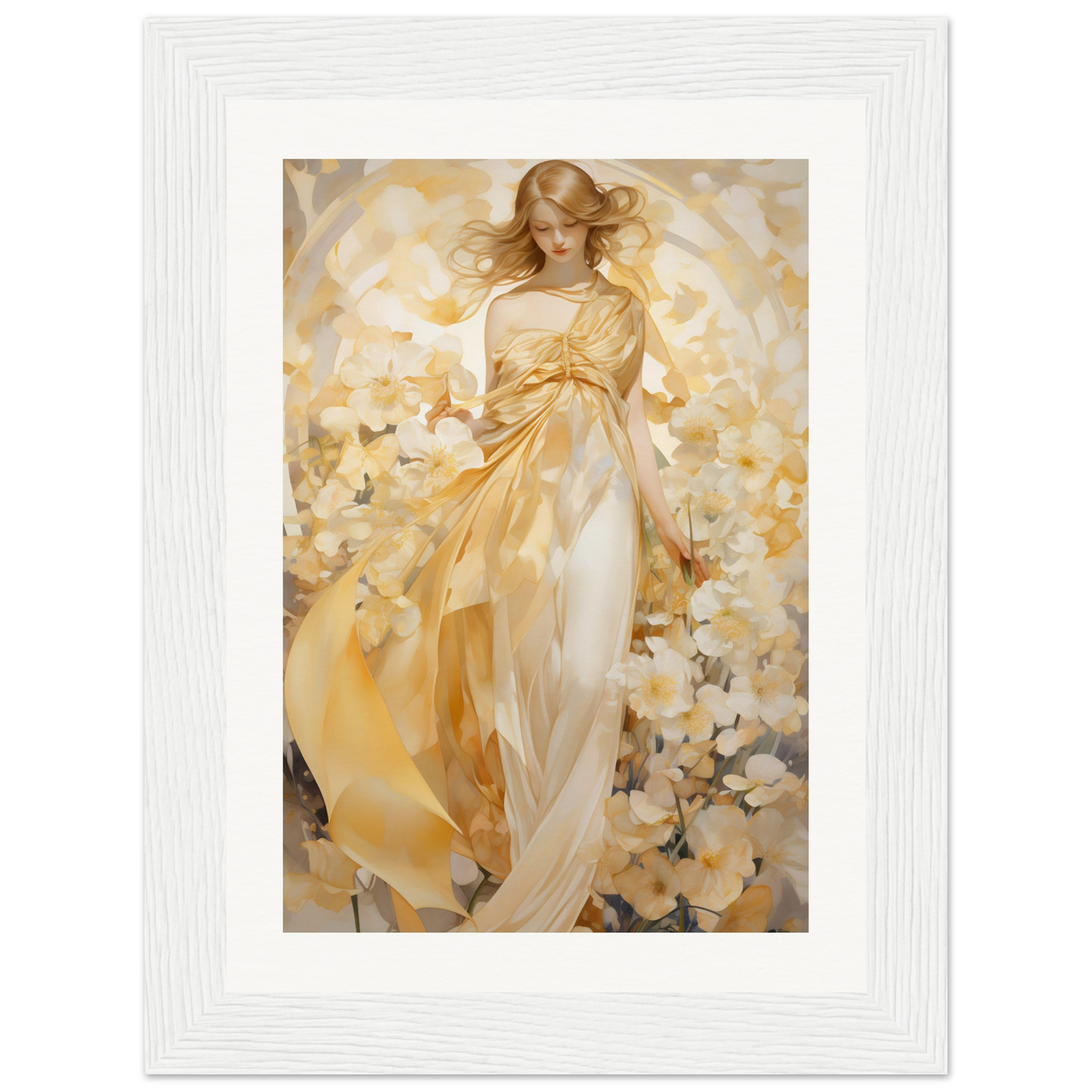 A painting of a woman in a white dress with yellow flowers