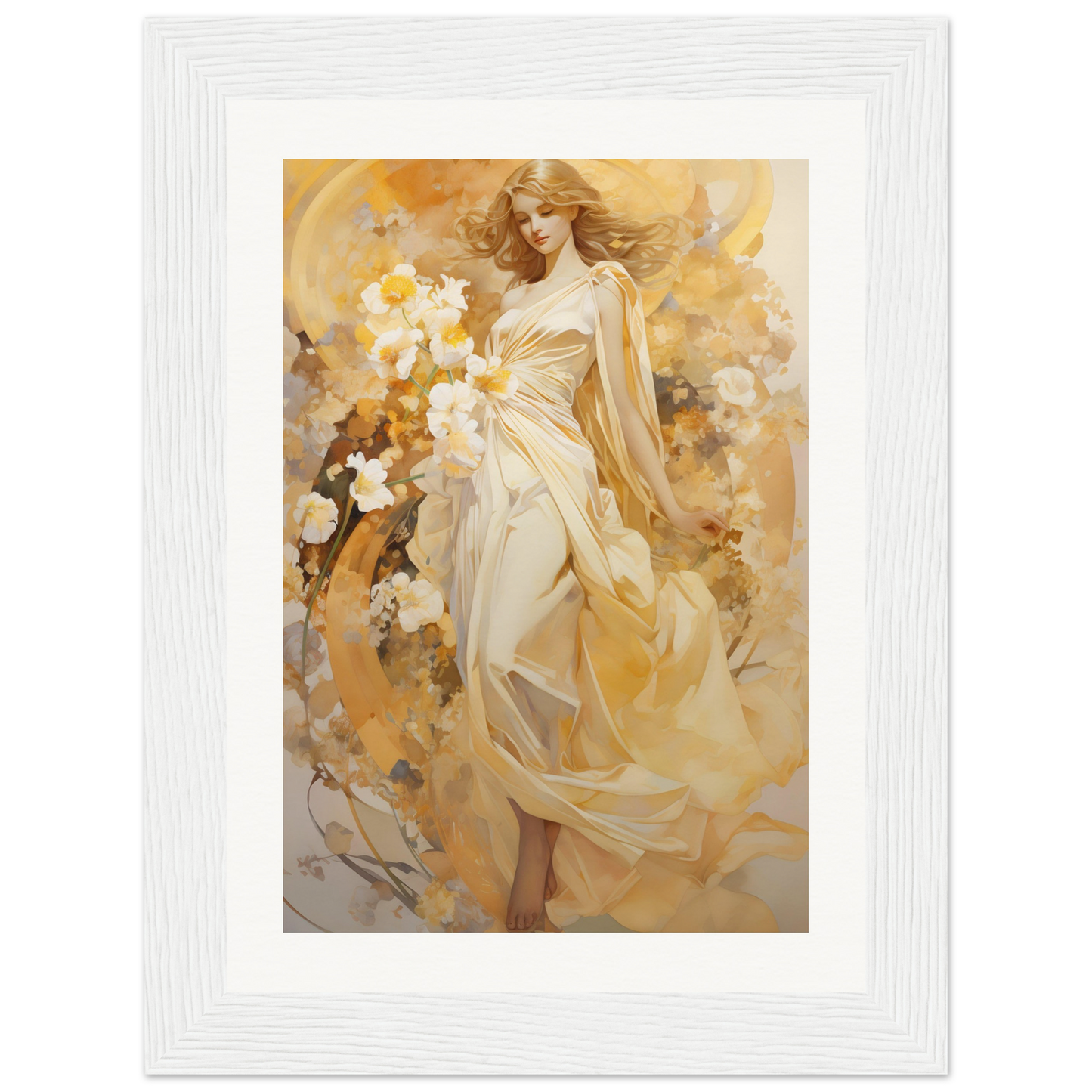 A painting of a woman in a white dress with flowers