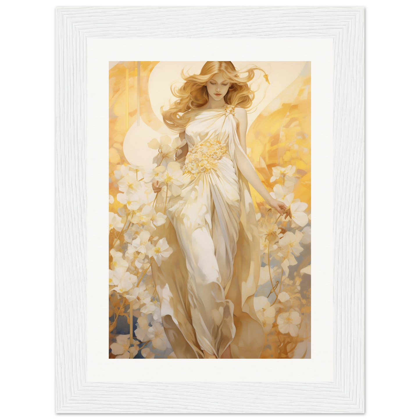 A painting of a woman in a white dress and hat