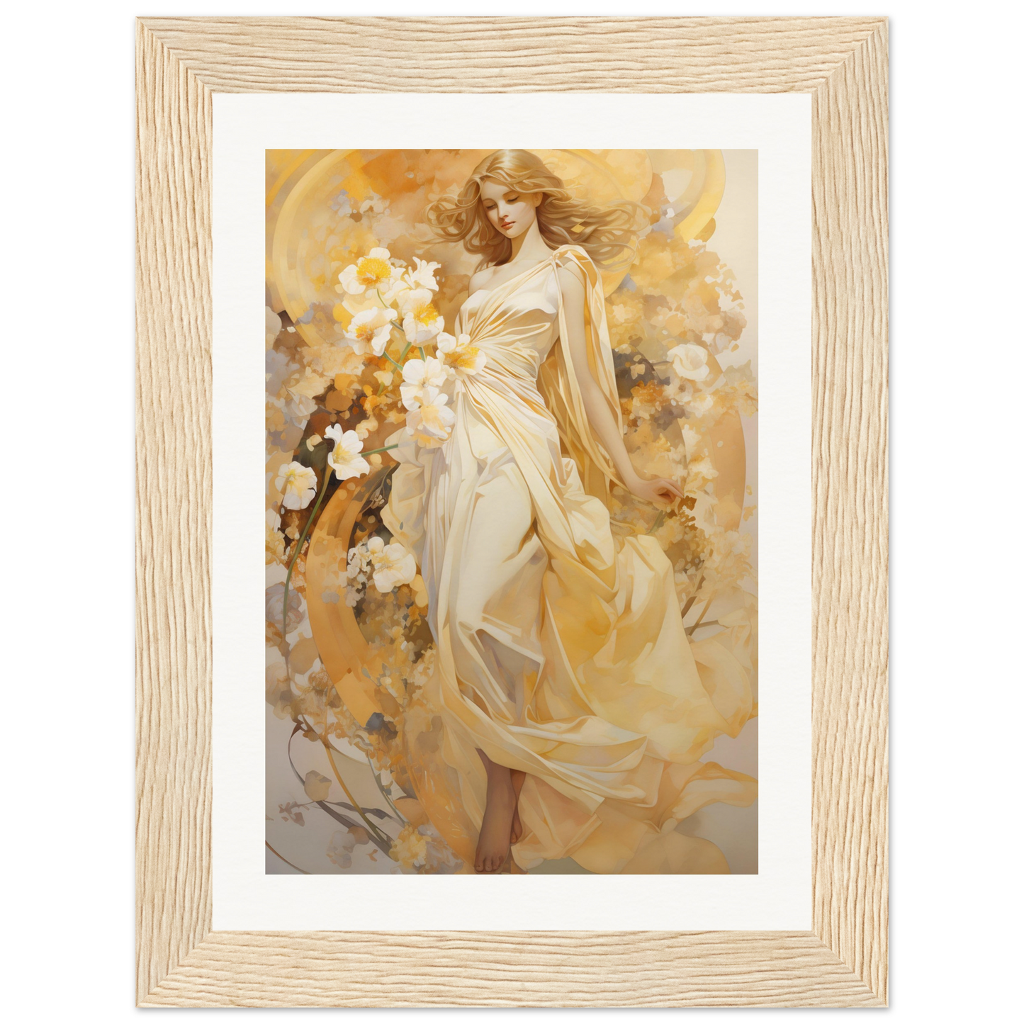 A painting of a woman in a white dress with flowers