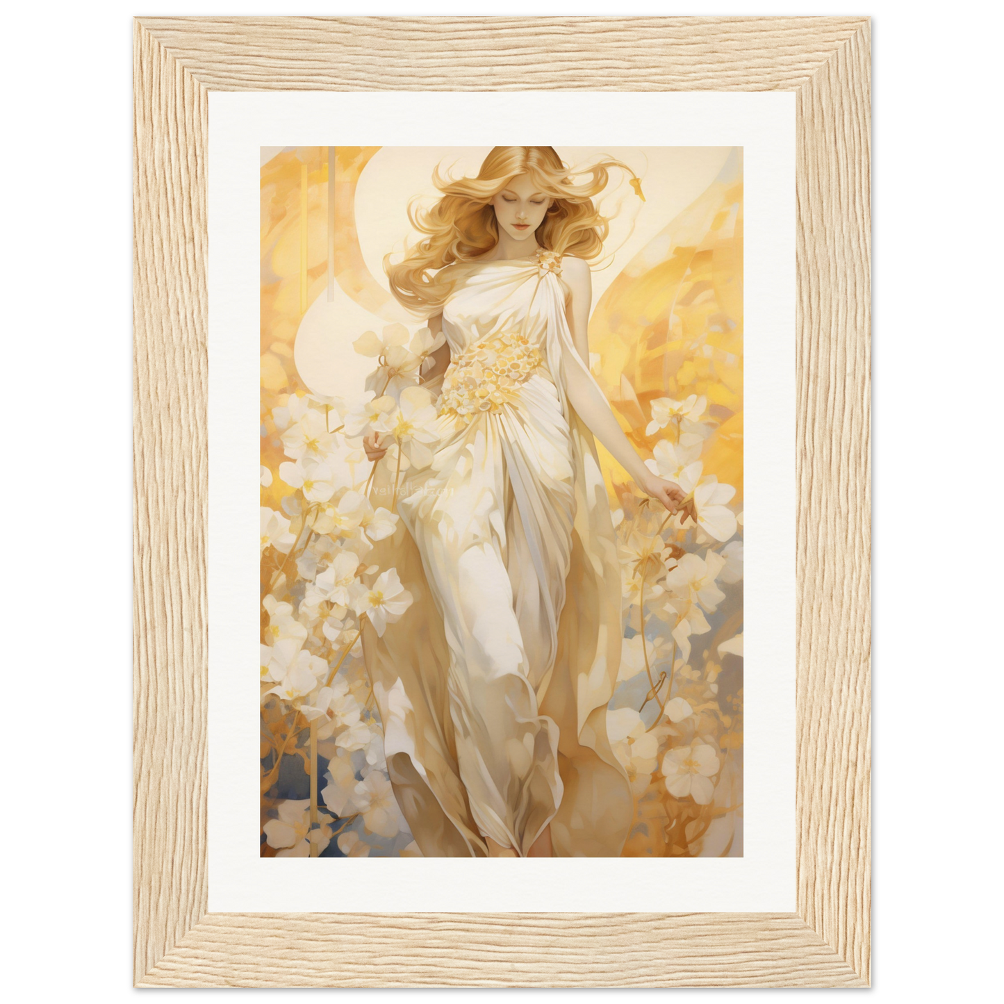 A painting of a woman in a white dress and hat