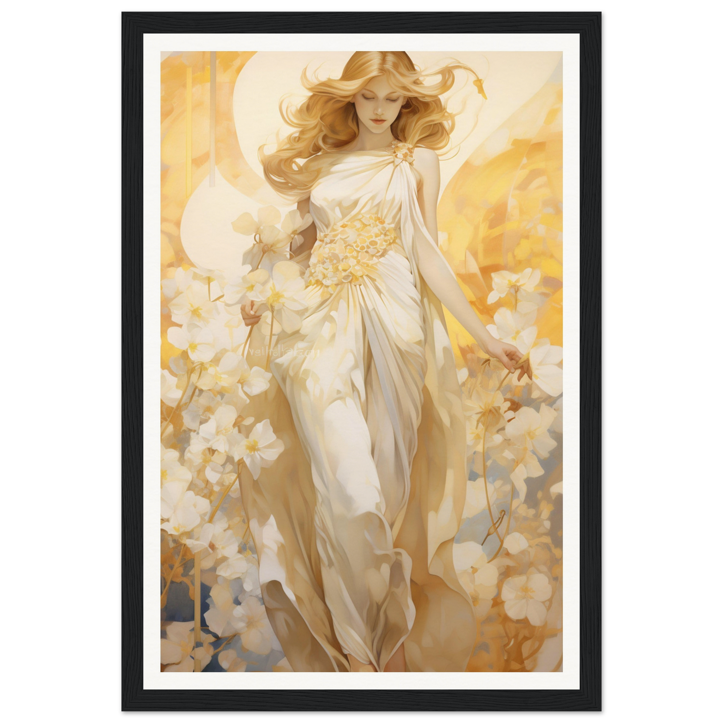A painting of a woman in a white dress with flowers