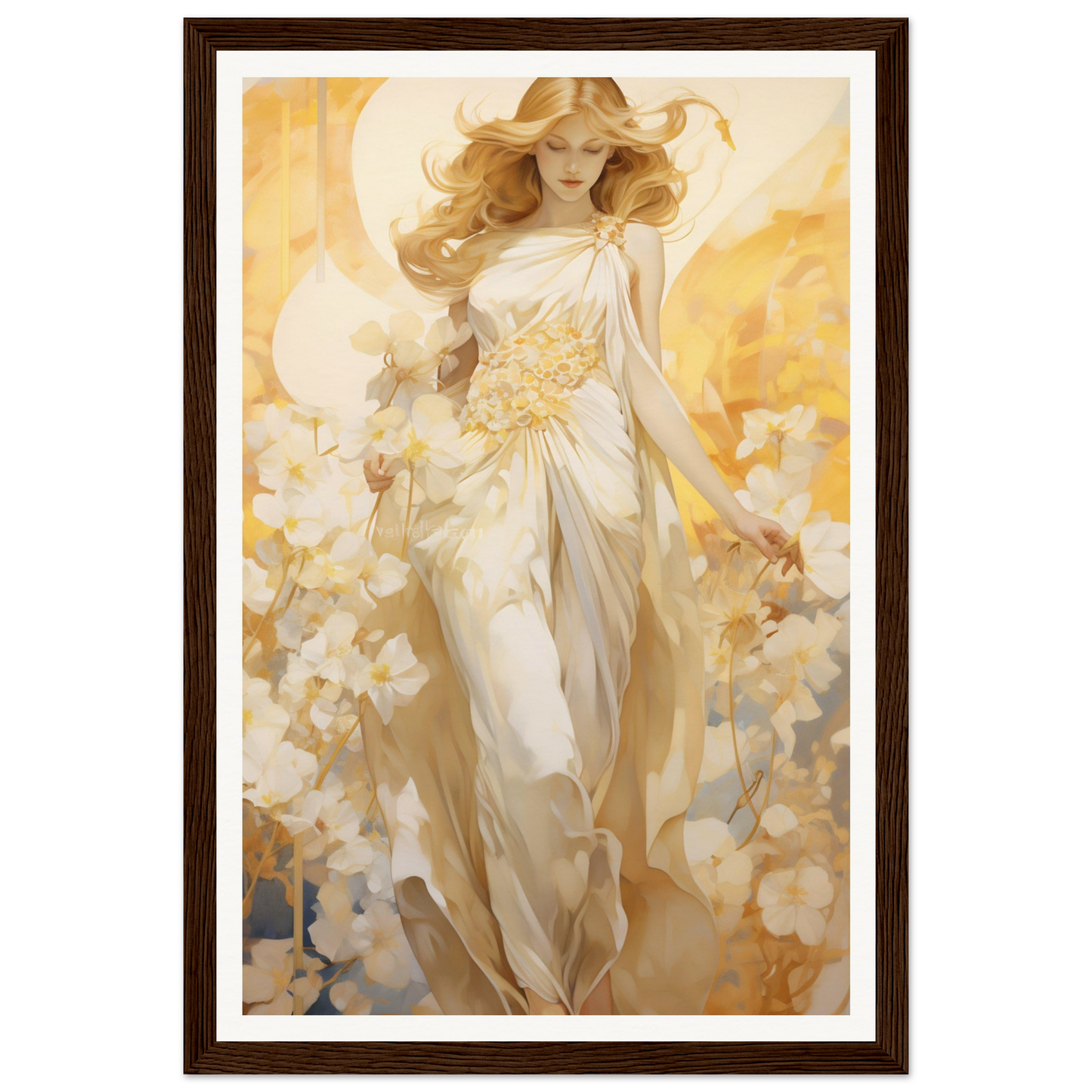 A painting of a woman in a white dress with flowers