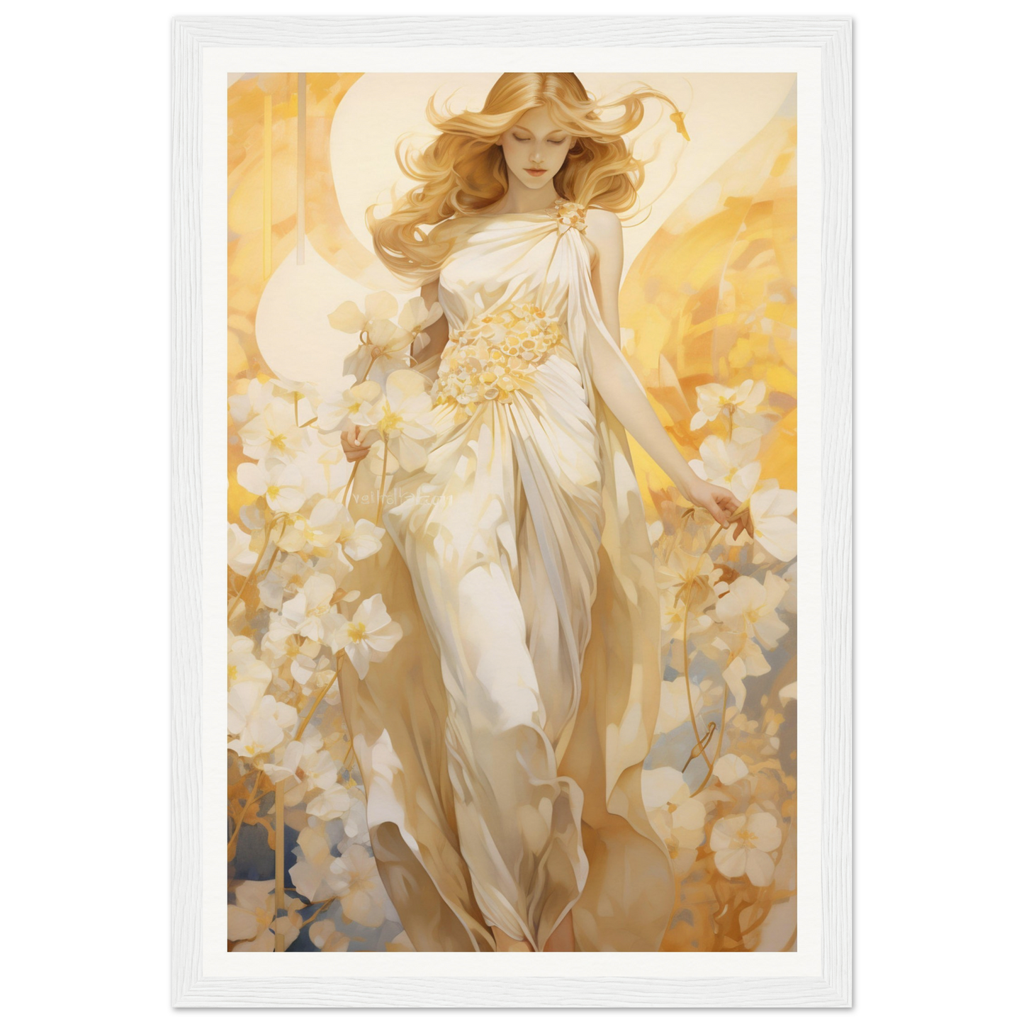 A painting of a woman in a white dress with flowers