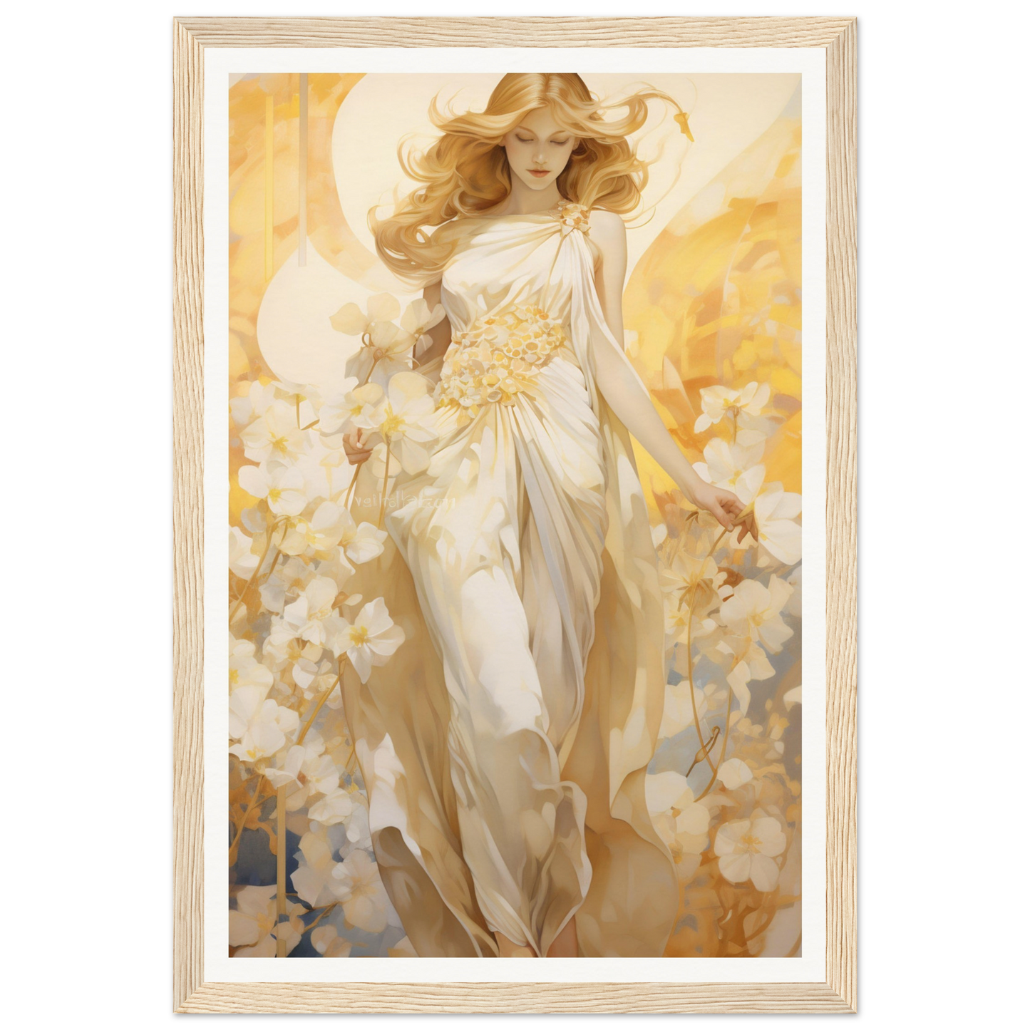 A painting of a woman in a white dress with flowers