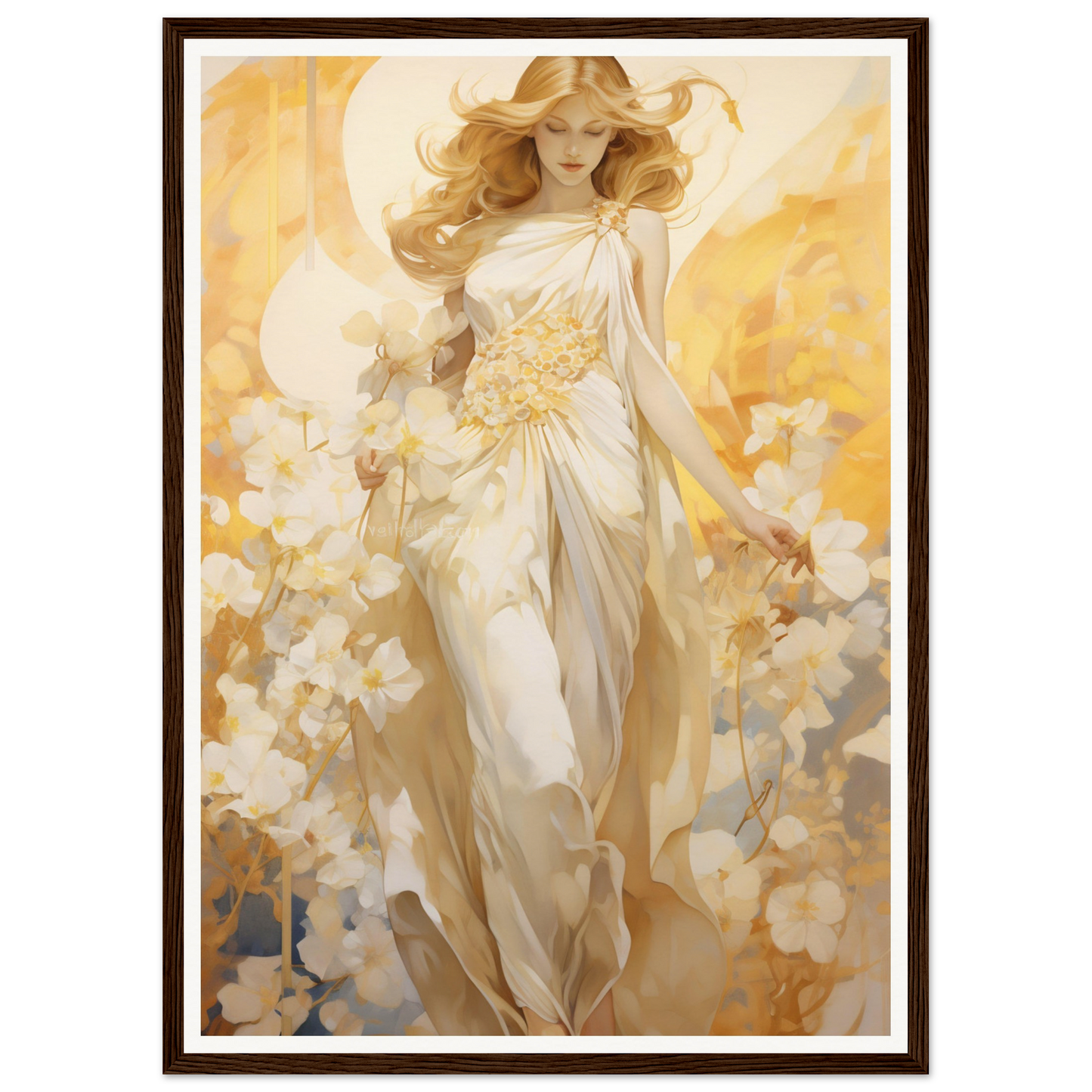 A painting of a woman in a white dress and hat
