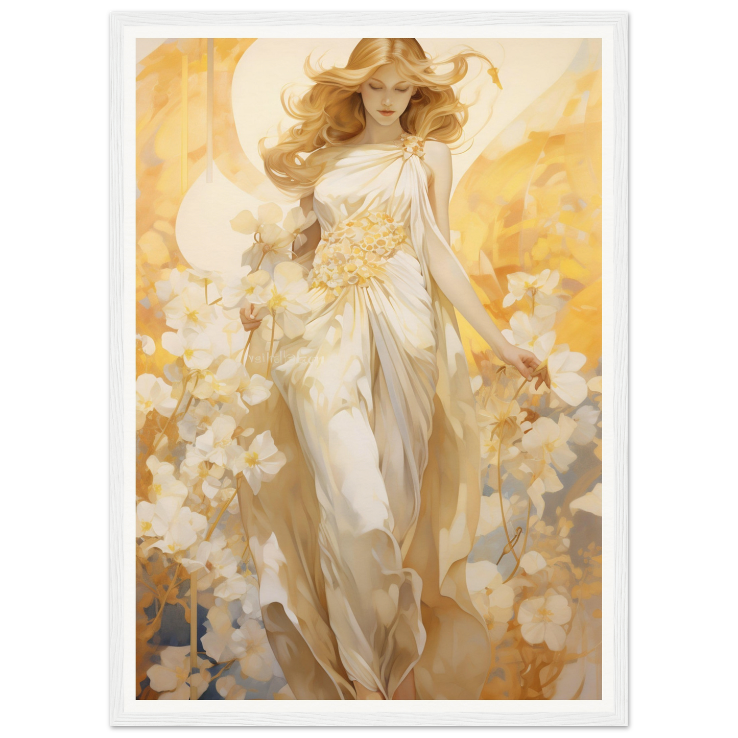 A painting of a woman in a white dress and hat