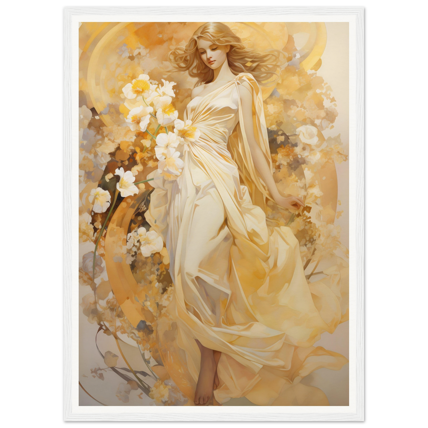 A painting of a woman in a white dress with flowers