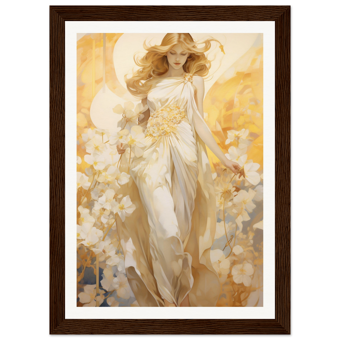 A painting of a woman in a white dress and hat