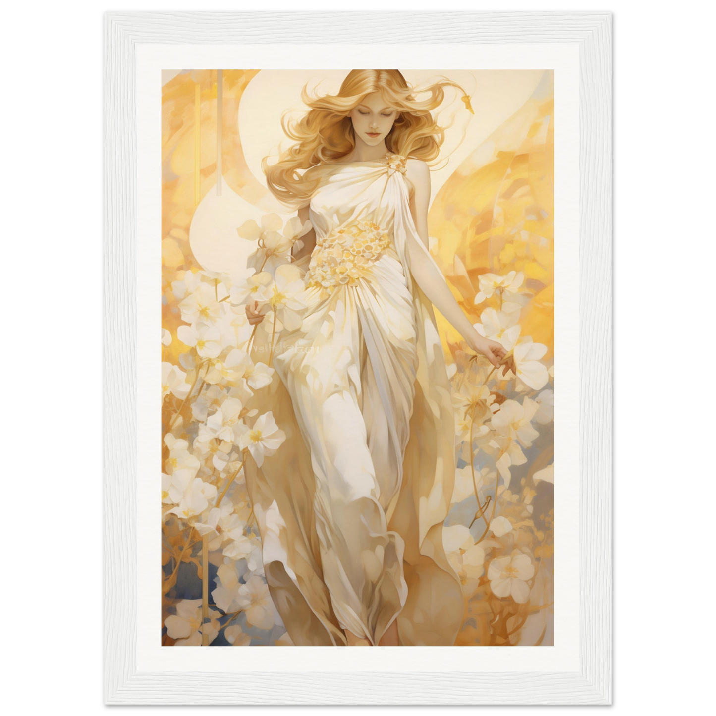 A painting of a woman in a white dress and hat